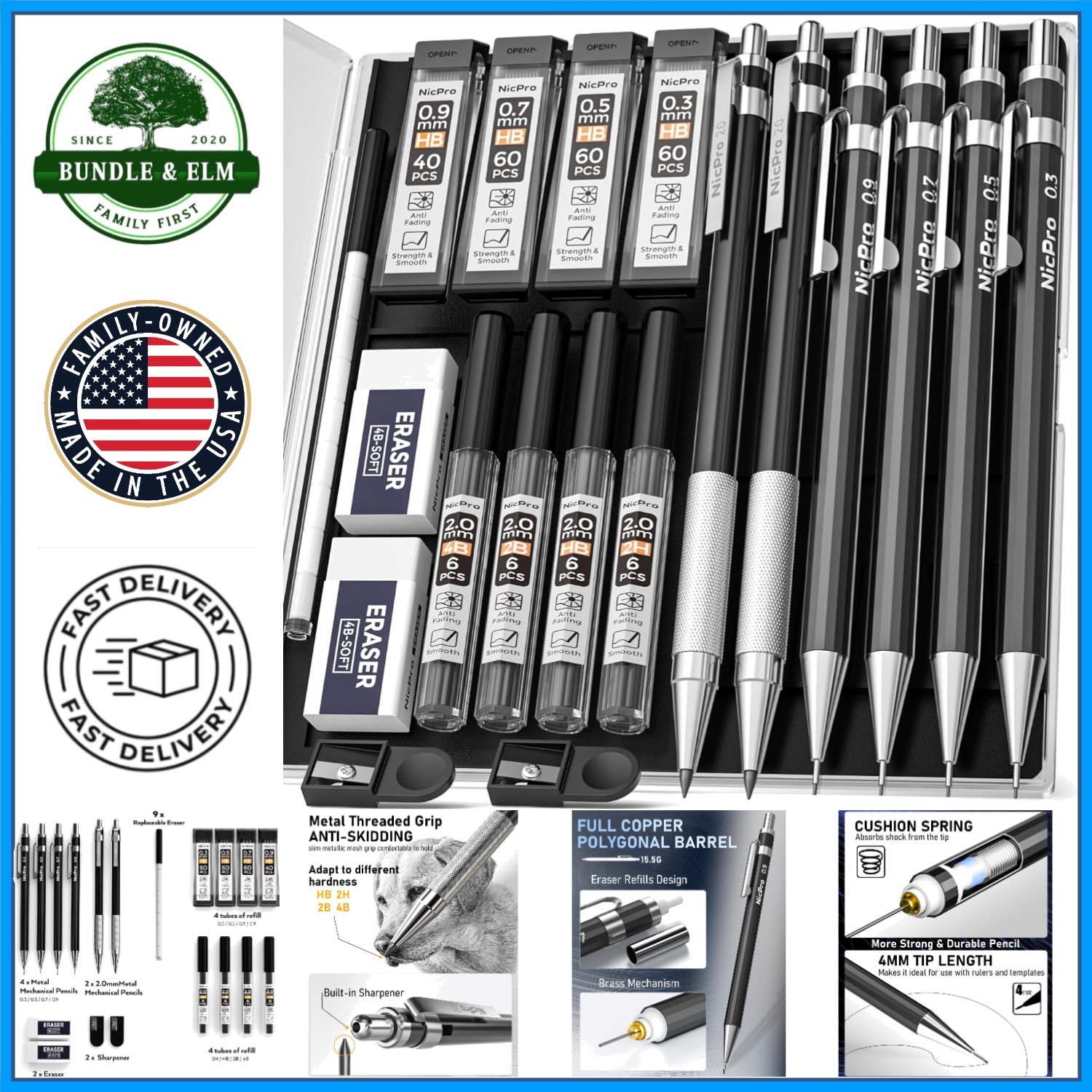 Artistic Mechanical Pencil Set with 6 Pencils and 8 Lead Refills in Storage Case