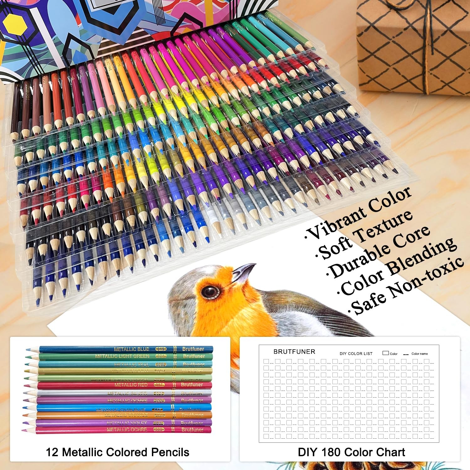 LBW 180 Colored Pencils for Adult Coloring Books, 12 Metallic Pencil, Oil Based
