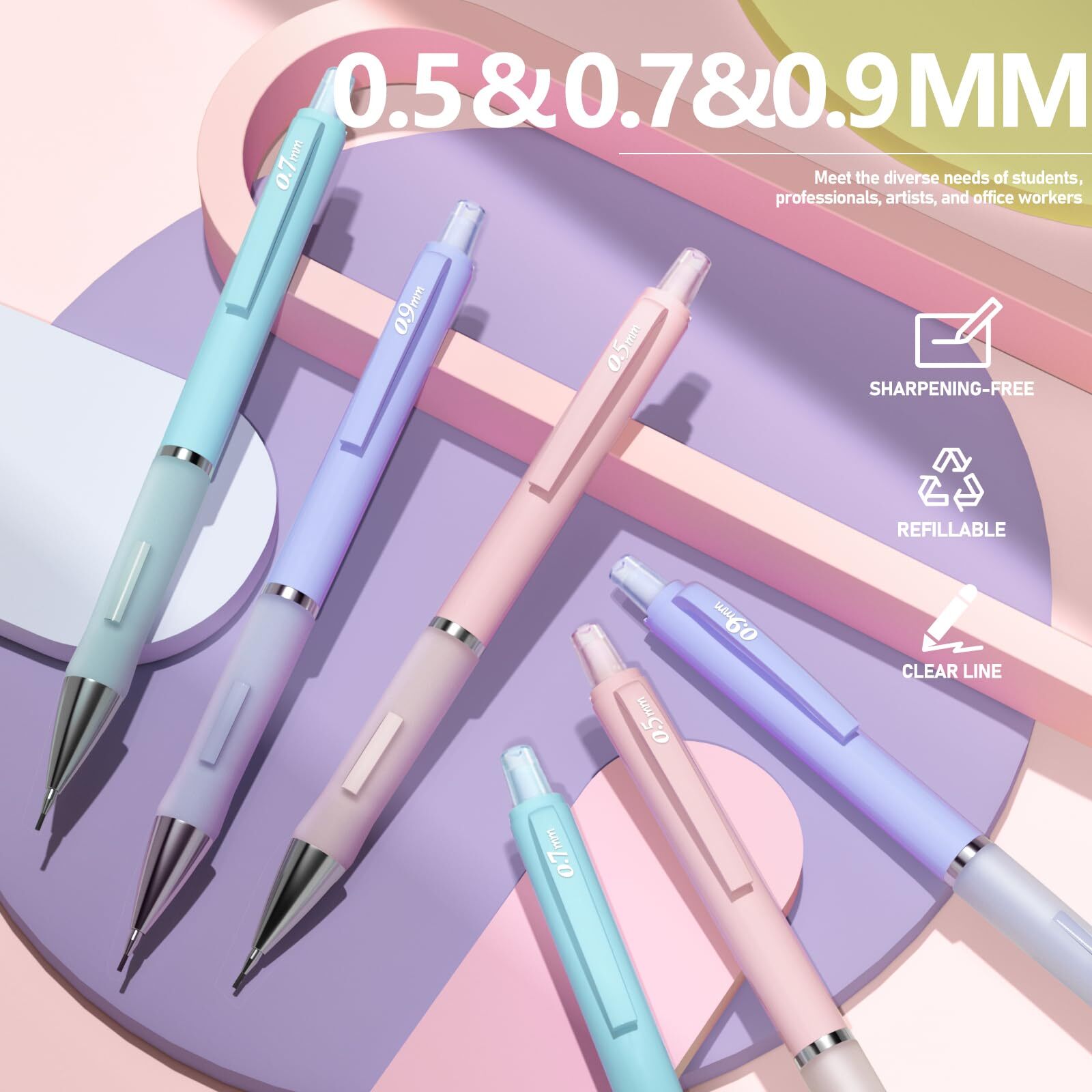 6 Pack 0.5/0.7/0.9mm Mechanical Pencil Set w/ Lead Refills & Erasers for Drawing
