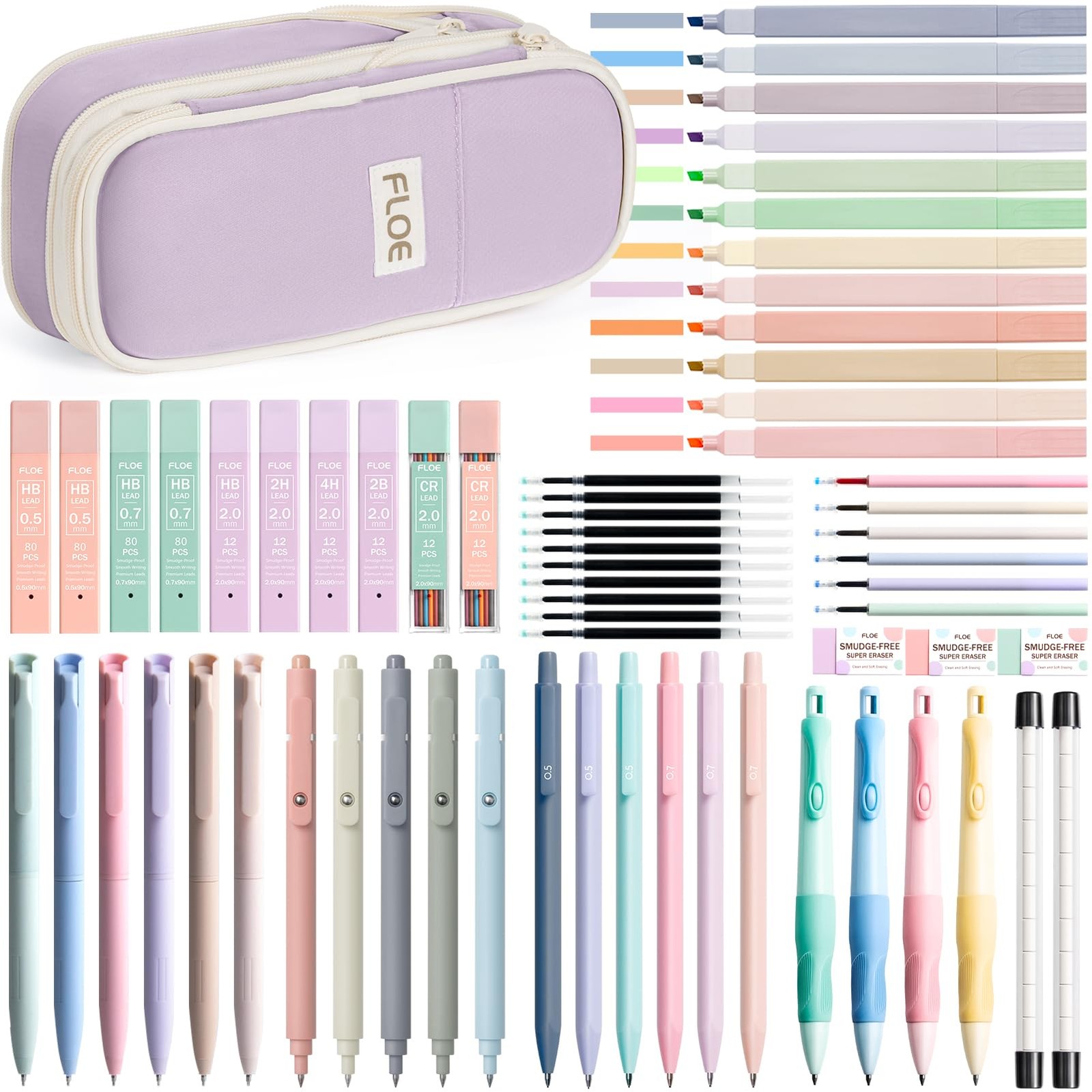 65 PCS Aesthetic School Supplies with Cute Pencil Case Pastel Highlighters
