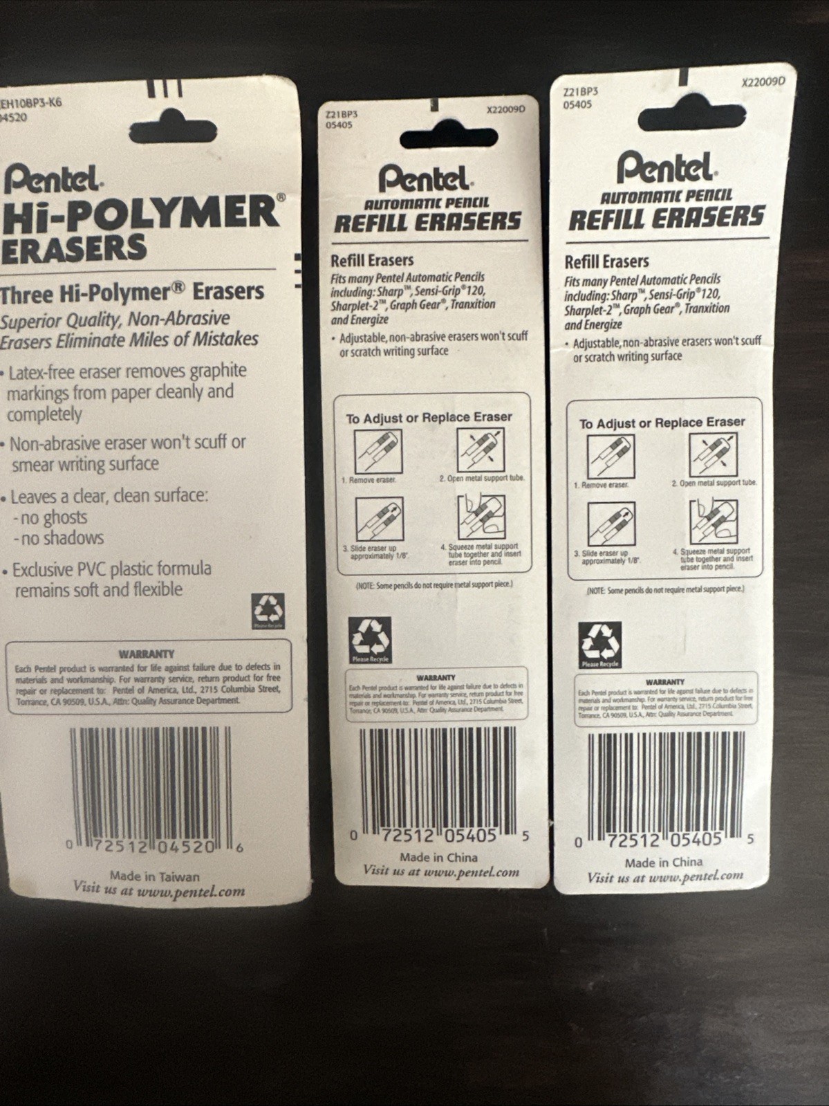 Pentel Hi-Polymer Erasers & Mechanical Pencil Refill Erasers, Lot of 3, 22cts