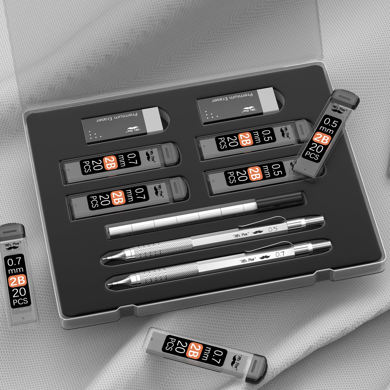 Mr. Pen Metal Mechanical Pencil Set, 2 Sizes, 0.5 & 1 Count (Pack of 1), Gray
