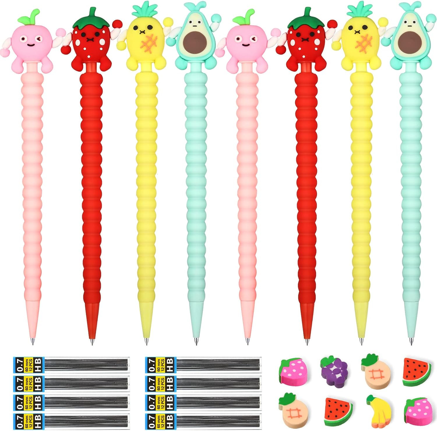 24 Pieces Cute Mechanical Pencil with Fruit Erasers and Refills Pastel Colorful