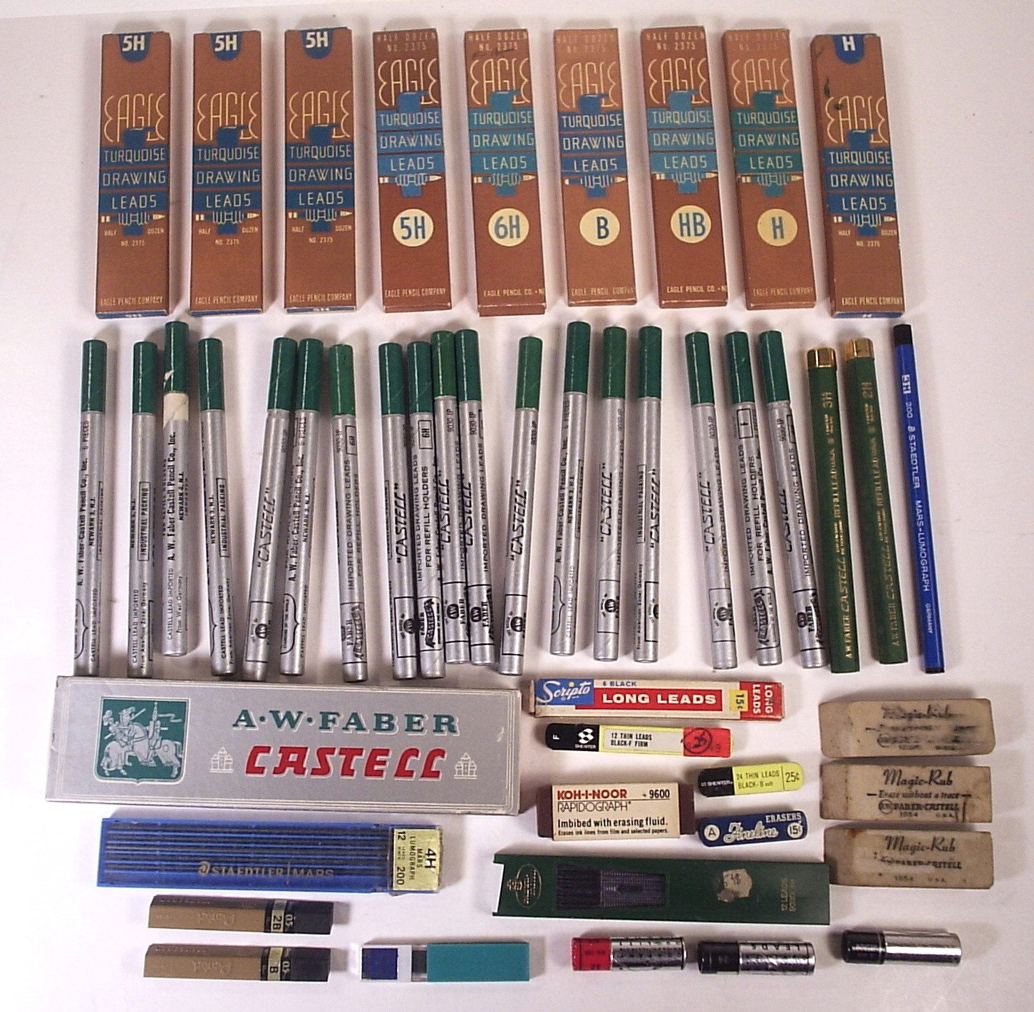 Vintage Lot of Drawing Pencil Leads Eagle A.W. Faber Castell Pentel & Erasers
