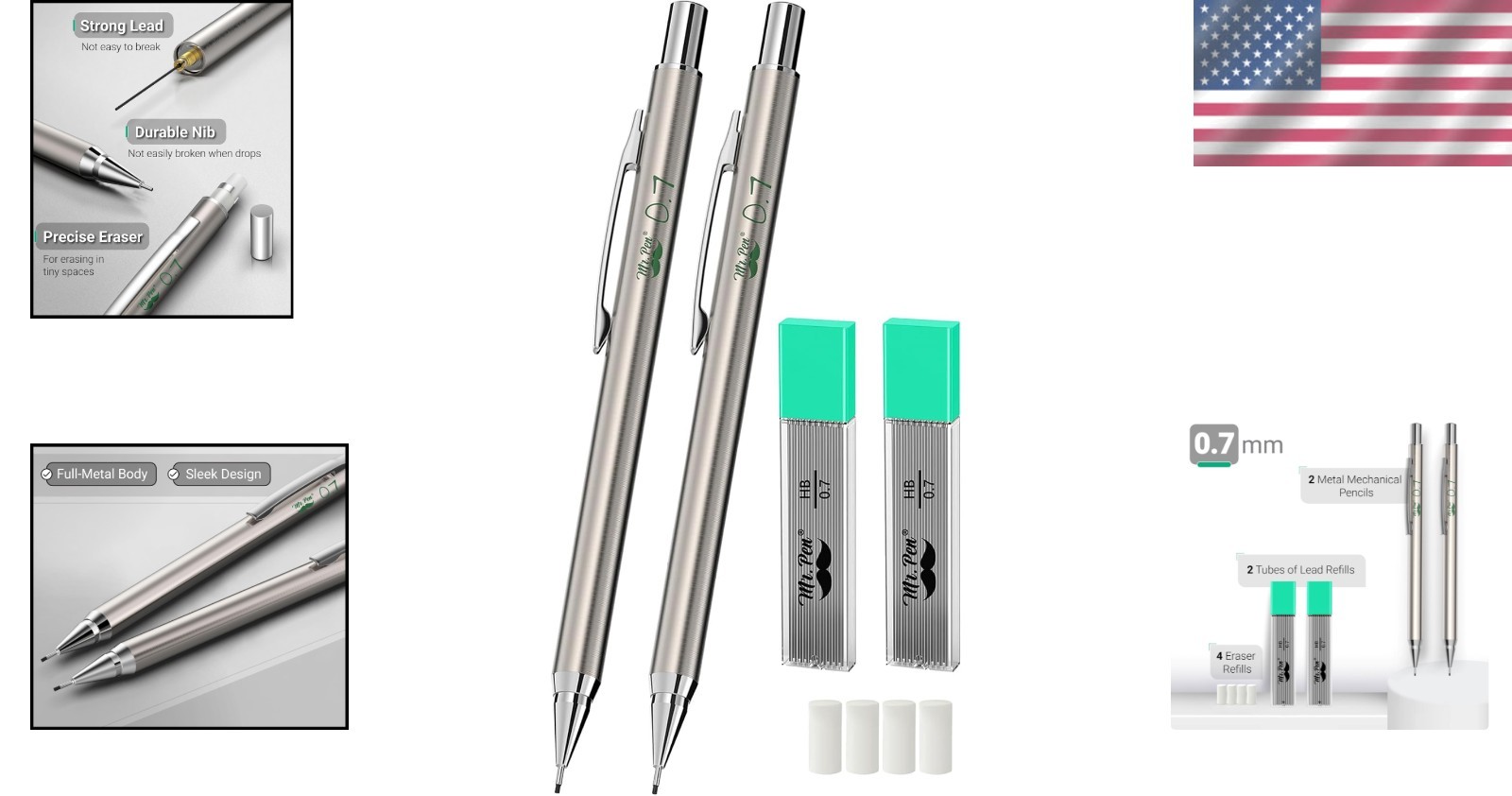 All Metal 0.7mm Mechanical Pencils – Effortless Writing with Style (2 Pack)