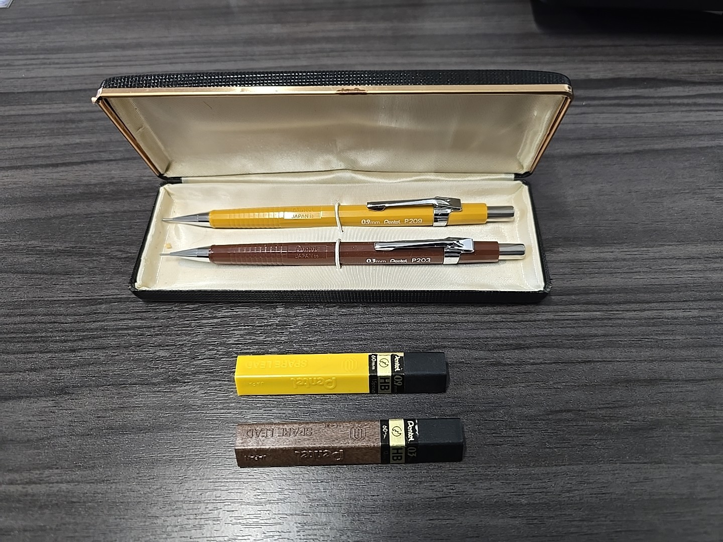 2 Vintage Pentel Mechanical Pencils P203 0.3mm Brown & P209 0.9mm Yellow & Case