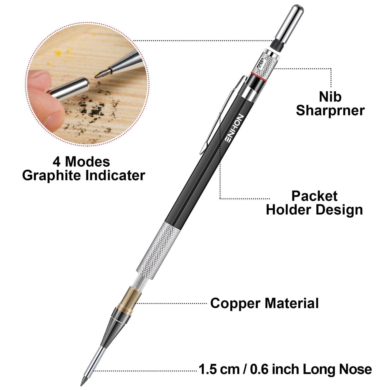 Enhon 2mm Mechanical Carpenter Pencil Set with 12 Marker Refills and Black