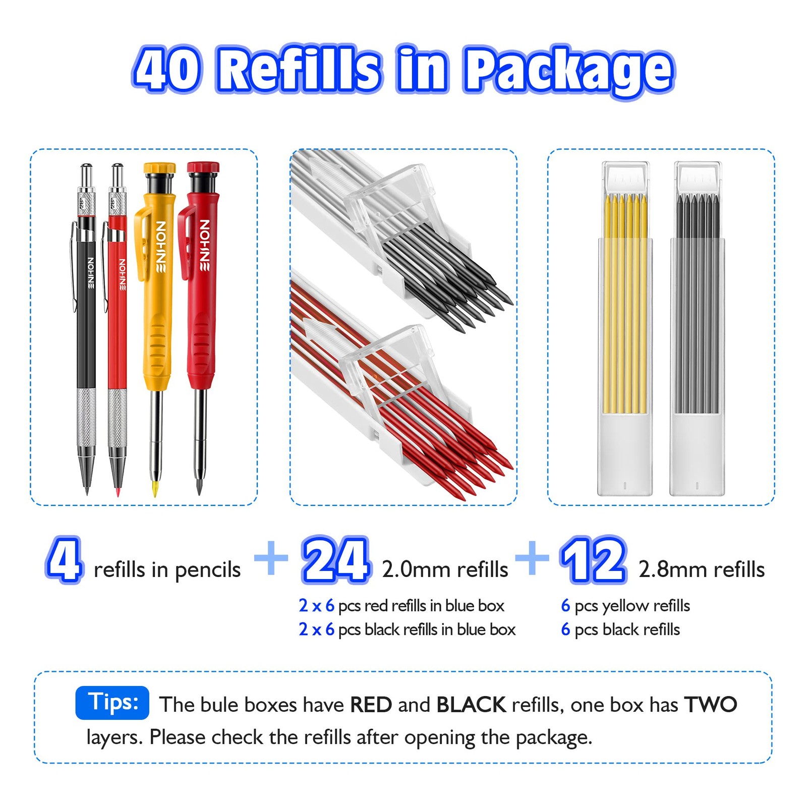 Enhon 4 Pack Carpenter Pencil Set with 44 Piece Set, Black, Red, Yellow