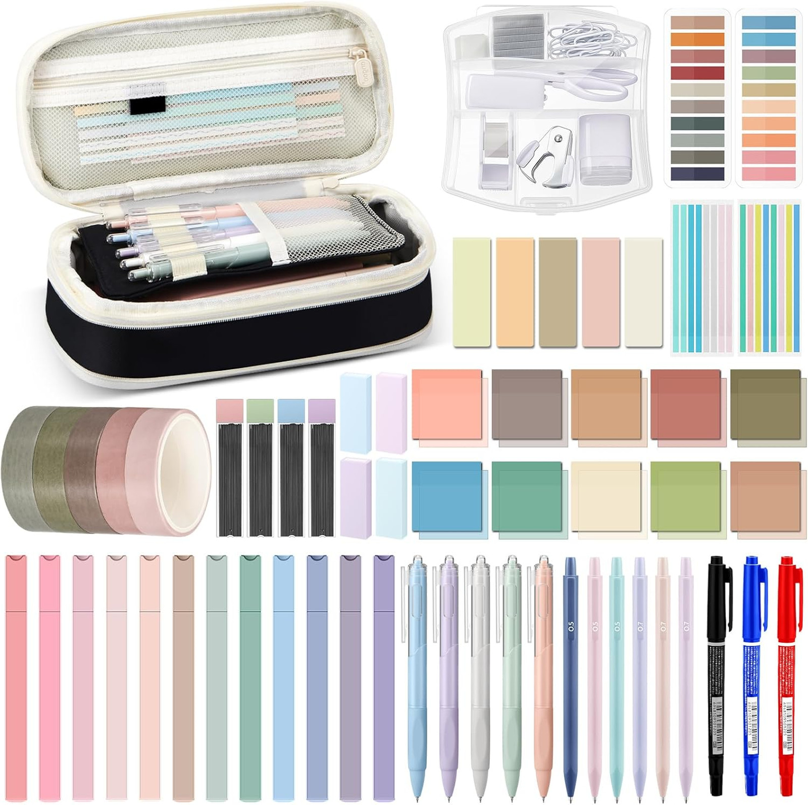 Aesthetic Stationery Set with Mini Stapler Highlighters Sticky Notes Notebook