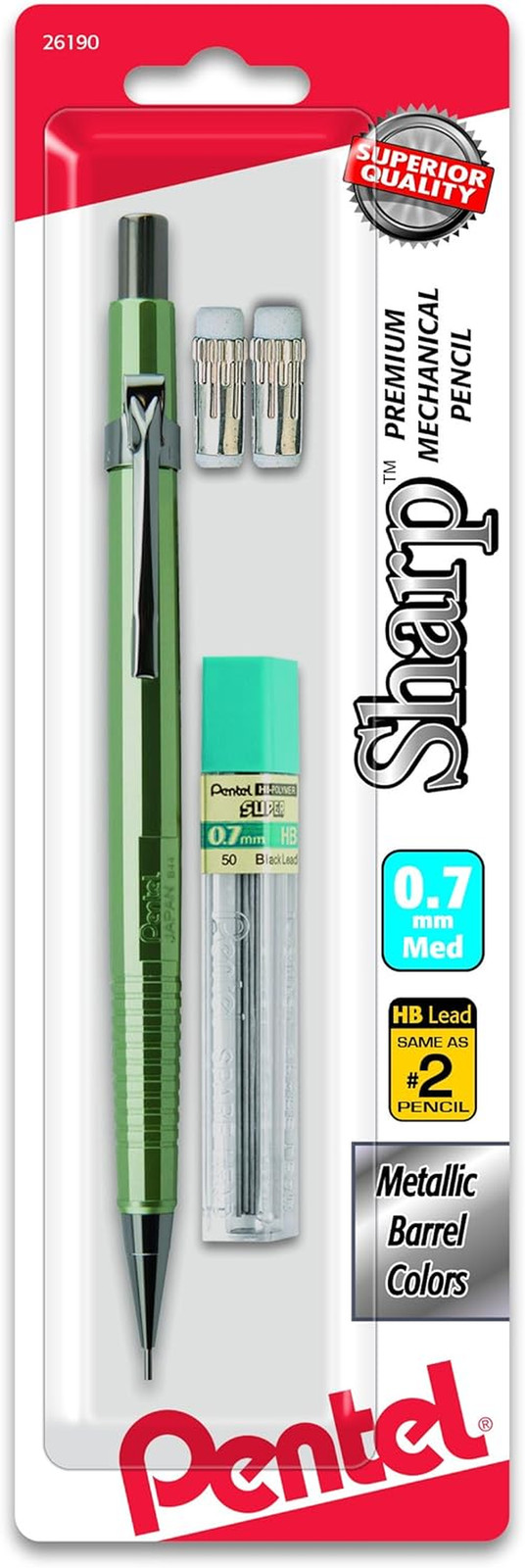 Pentel Sharp Mechanical Pencil, 0.7mm Metallic Barrels, Refill Eraser, Barrel co