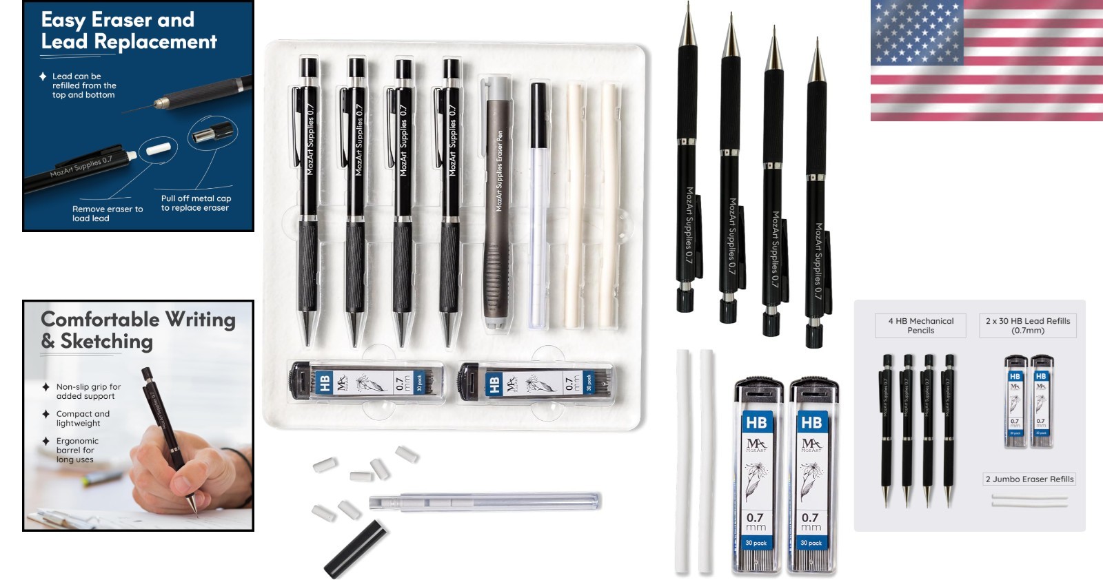 MozArt Drawing Supplies: 0.7mm Mechanical Pencils with Elegant Case & Refills