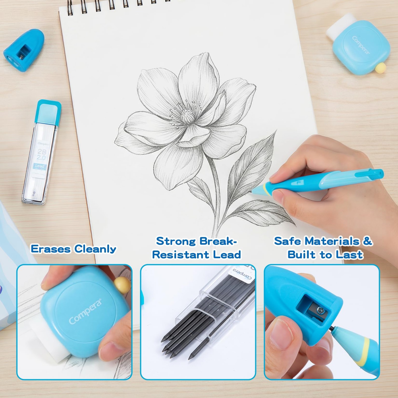 Blue L Ergonomic 2.0mm HB Mechanical Pencil Set Kids Handwriting Aid Refill