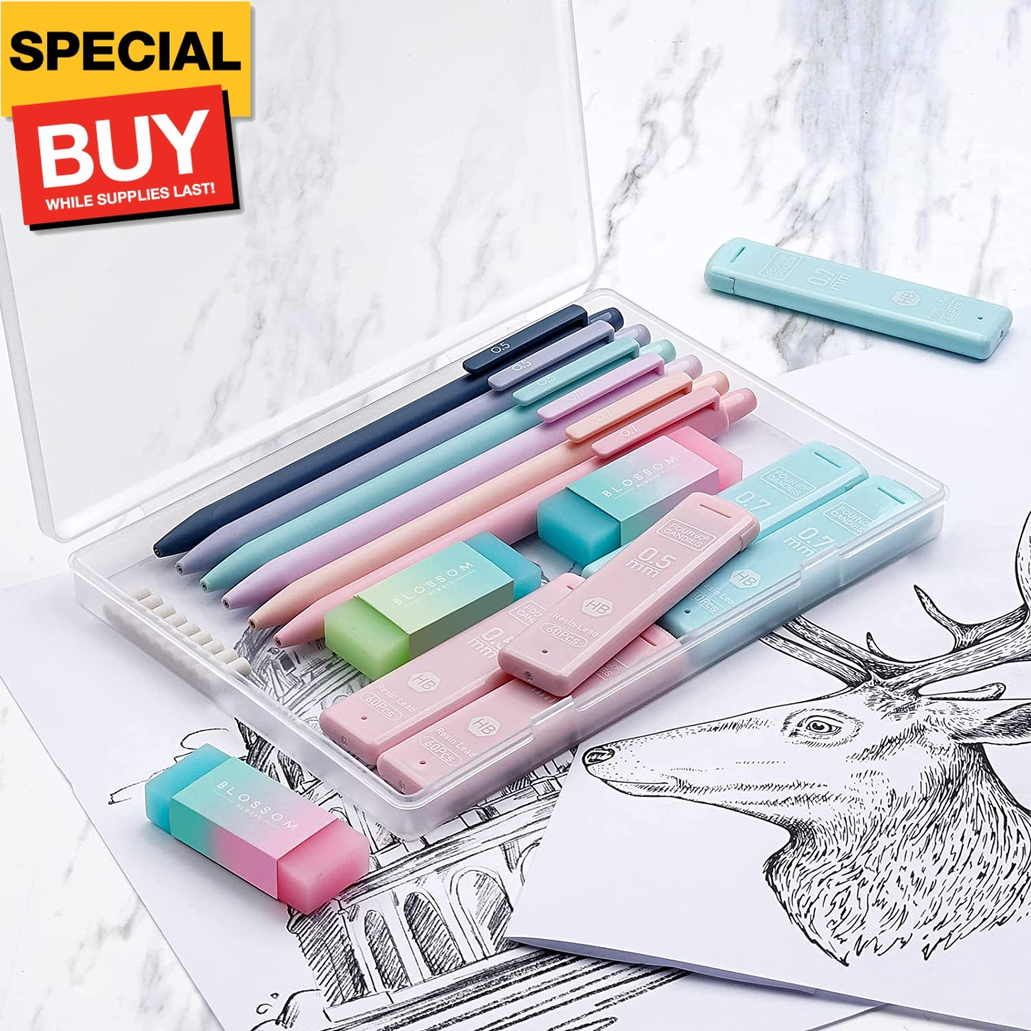 Cute Mechanical Pencil Set, 6PCS Pastel Mechanical Pencils 0.5 & 0.7mm with 360P