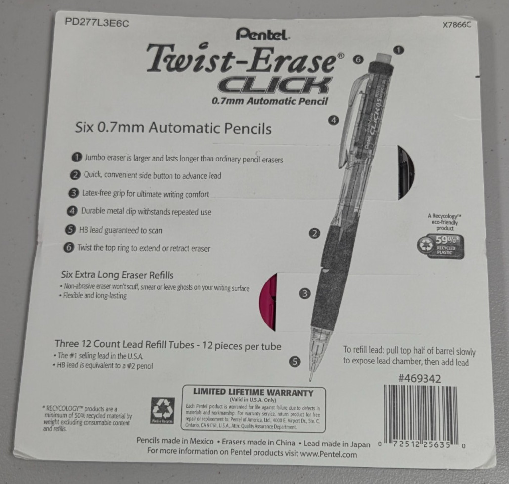 Pentel Twist-Erase Click Mechanical 0.7 mm Automatic Pencil Set + Leads + Eraser