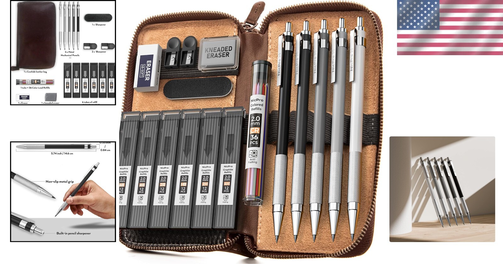 17PCS Metal Mechanical Pencil Set with Leather Case for Artists & Students