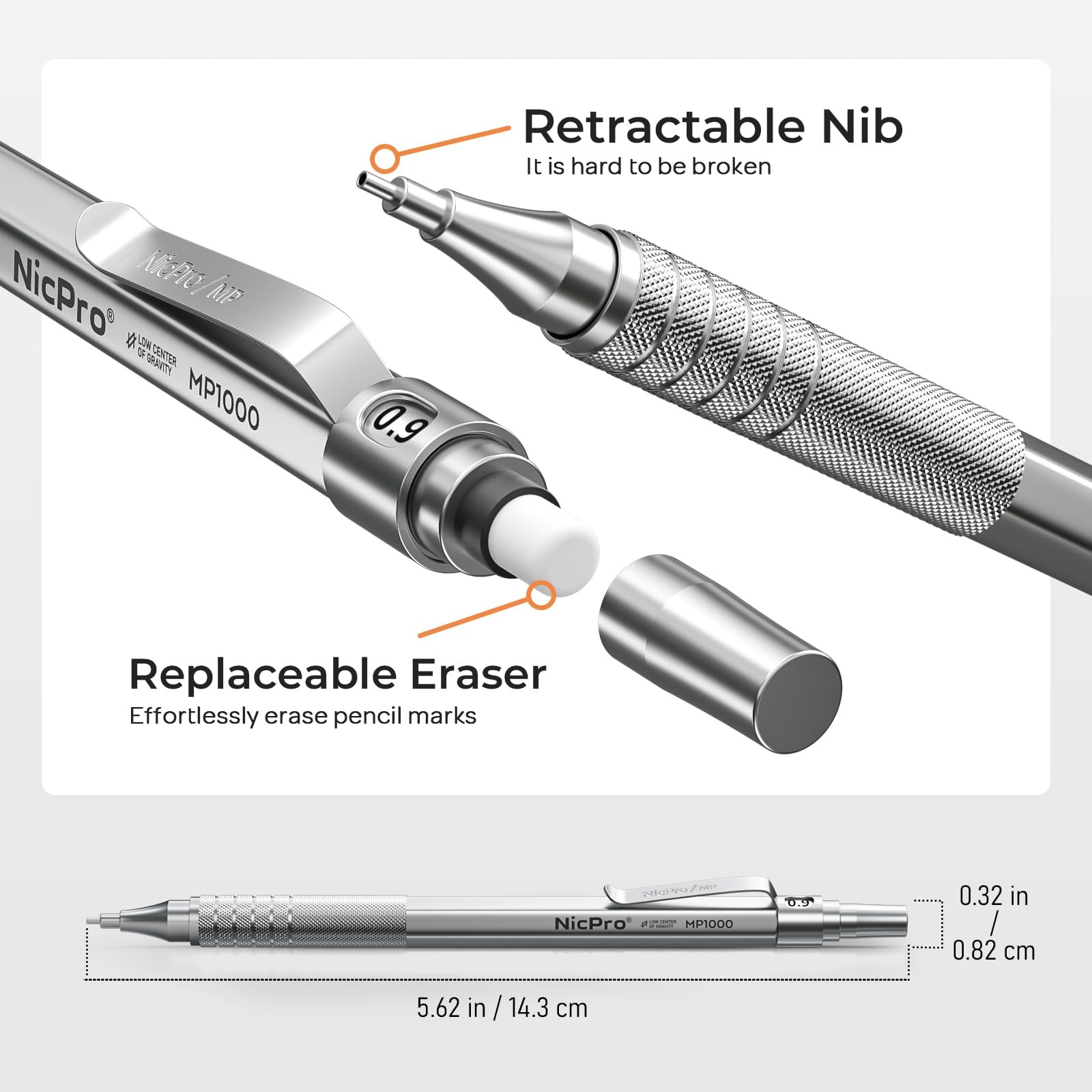 Nicpro 0.9 mm Metal Mechanical Pencil Set with Case, 3PCS MM, Silver