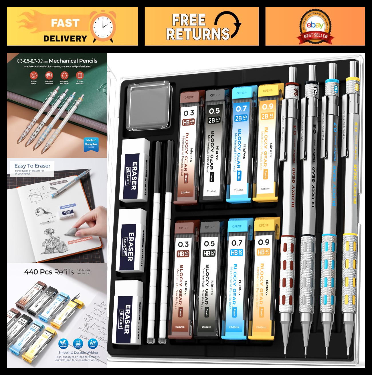 4 Pack Metal Mechanical Pencils Set 0.3-0.9mm with Case, Lead Refills & Erasers