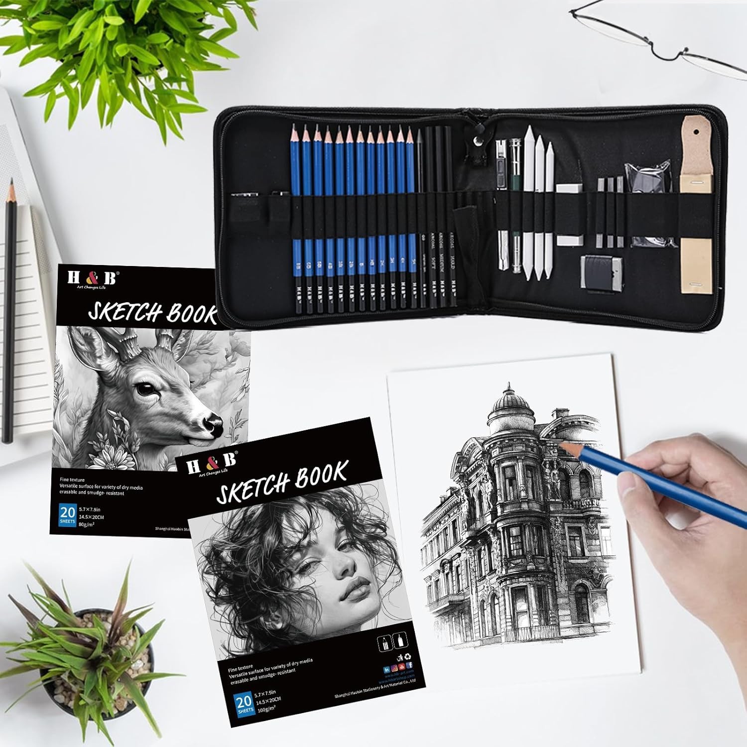 H & B 36 Pack Drawing Set Sketch Kit,Sketching Supplies 36 Piece Set, Black