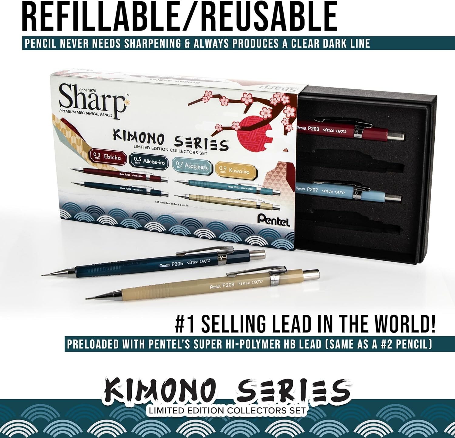 Pentel P200 Kimono Series Mechanical Pencil Set of 4-0.3/0.5/0.7/0.9mm