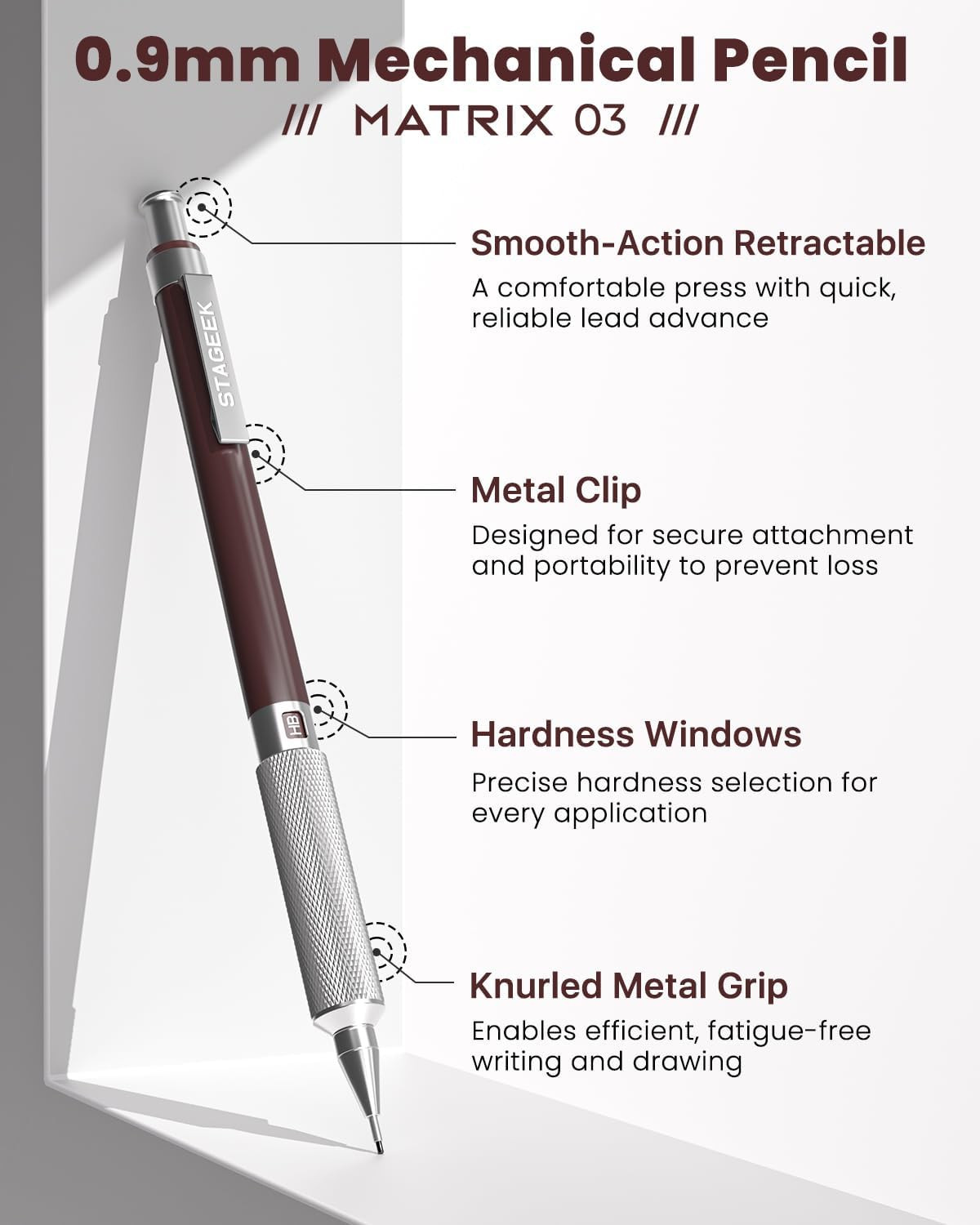 0.9Mm Mechanical Pencil, Metal Art & Drafting Pencil with Eraser and 40 HB Lead