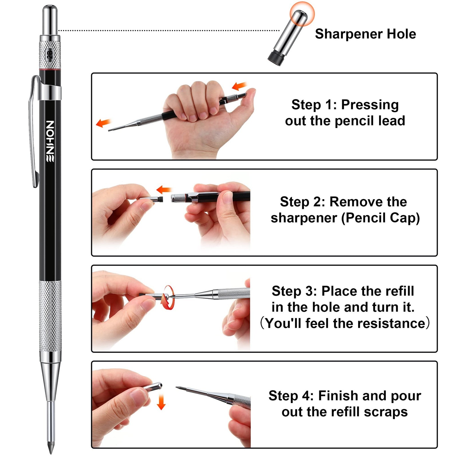 Enhon 2mm Mechanical Carpenter Pencil Set with 12 Marker Refills and Black