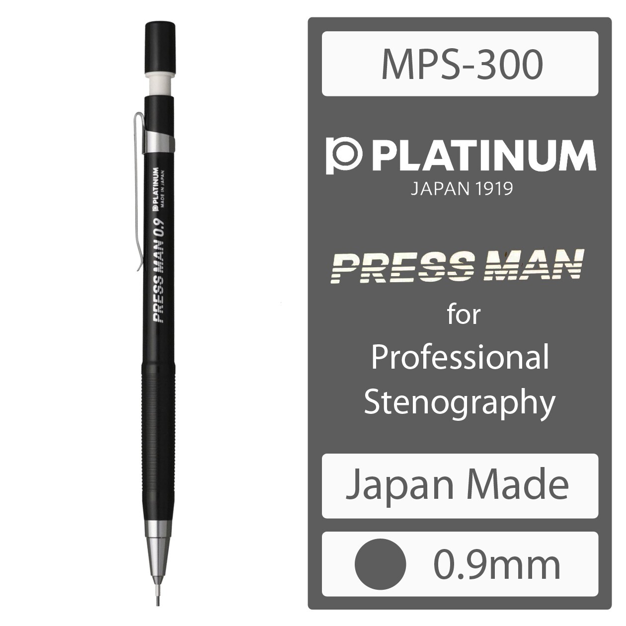 PLATINUM PRESSMAN Mechanical Pencil for Stenography 0.9mm Made in Japan