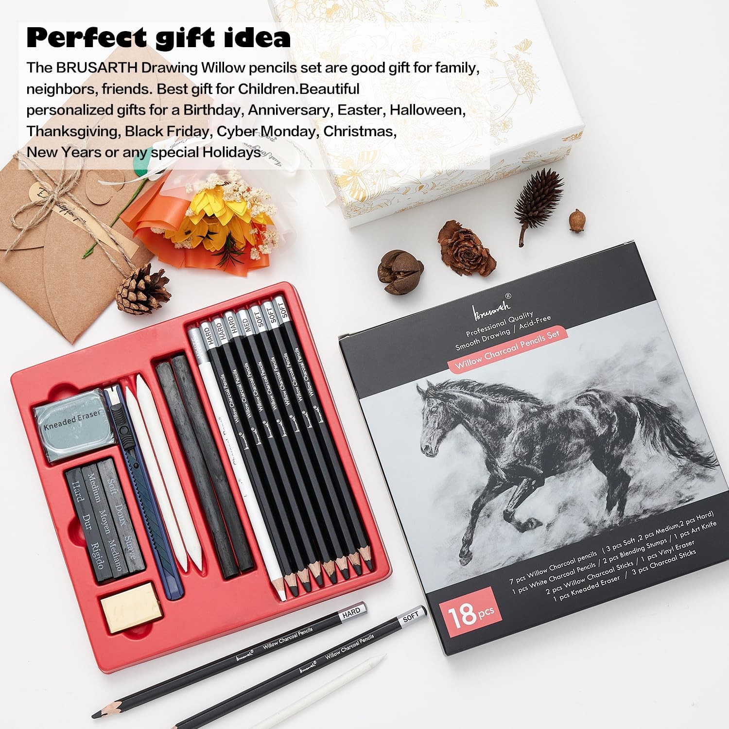 Brusarth Charcoal Pencils for Drawing, 18 Pcs Art Pencil Kit, Black,White