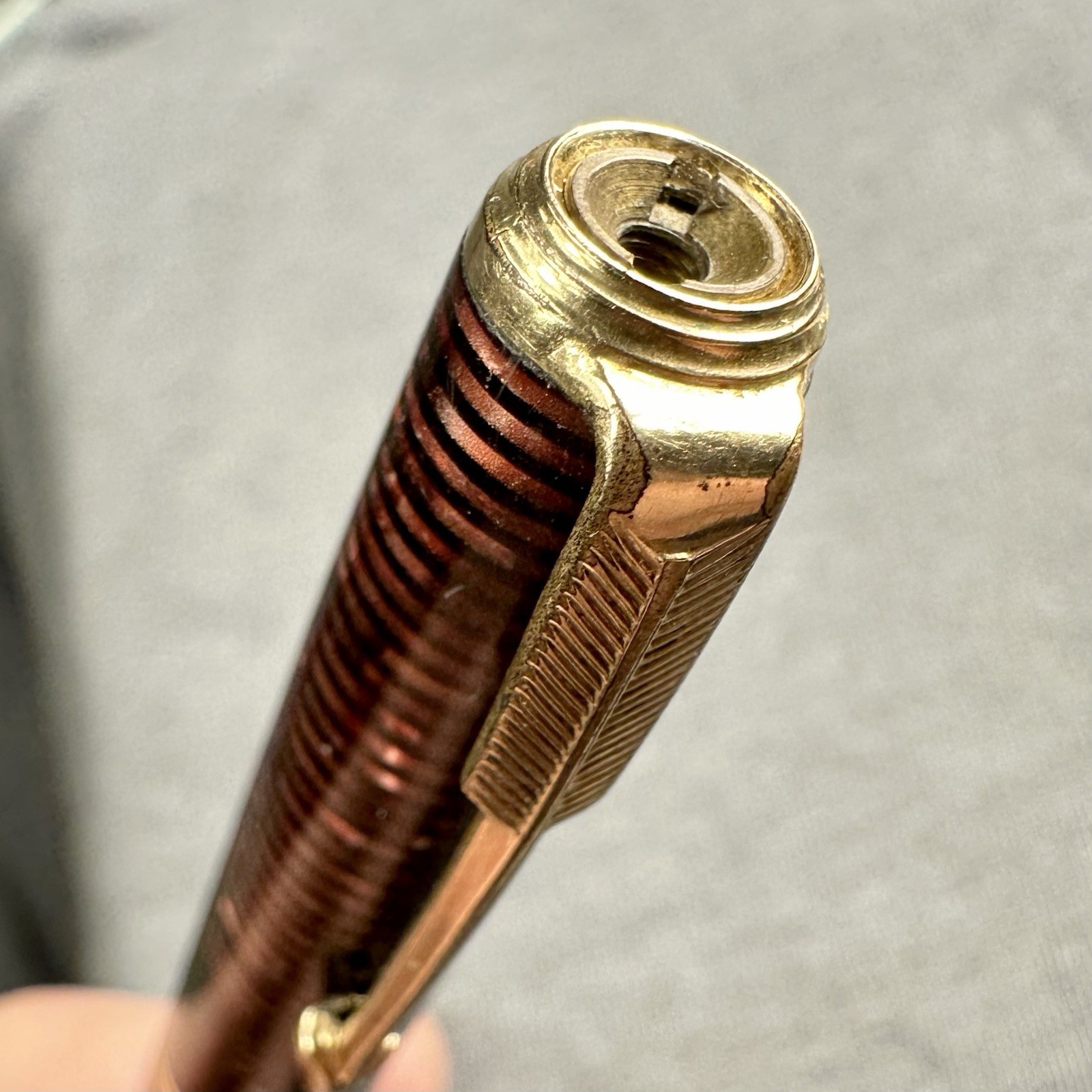 1936 Parker Vacumatic Pencil Burgundy Red & Pearl Full Size 3 Band Needs Jewel