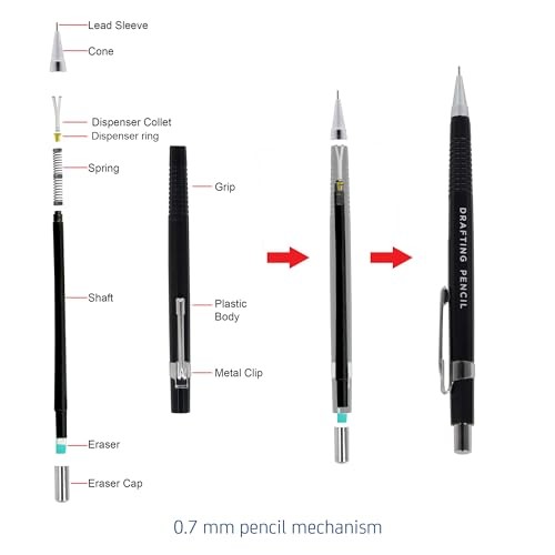 0.7mm Mechanical Pencil Non Slip Grip Drafting Sketch Writing with Lead Case