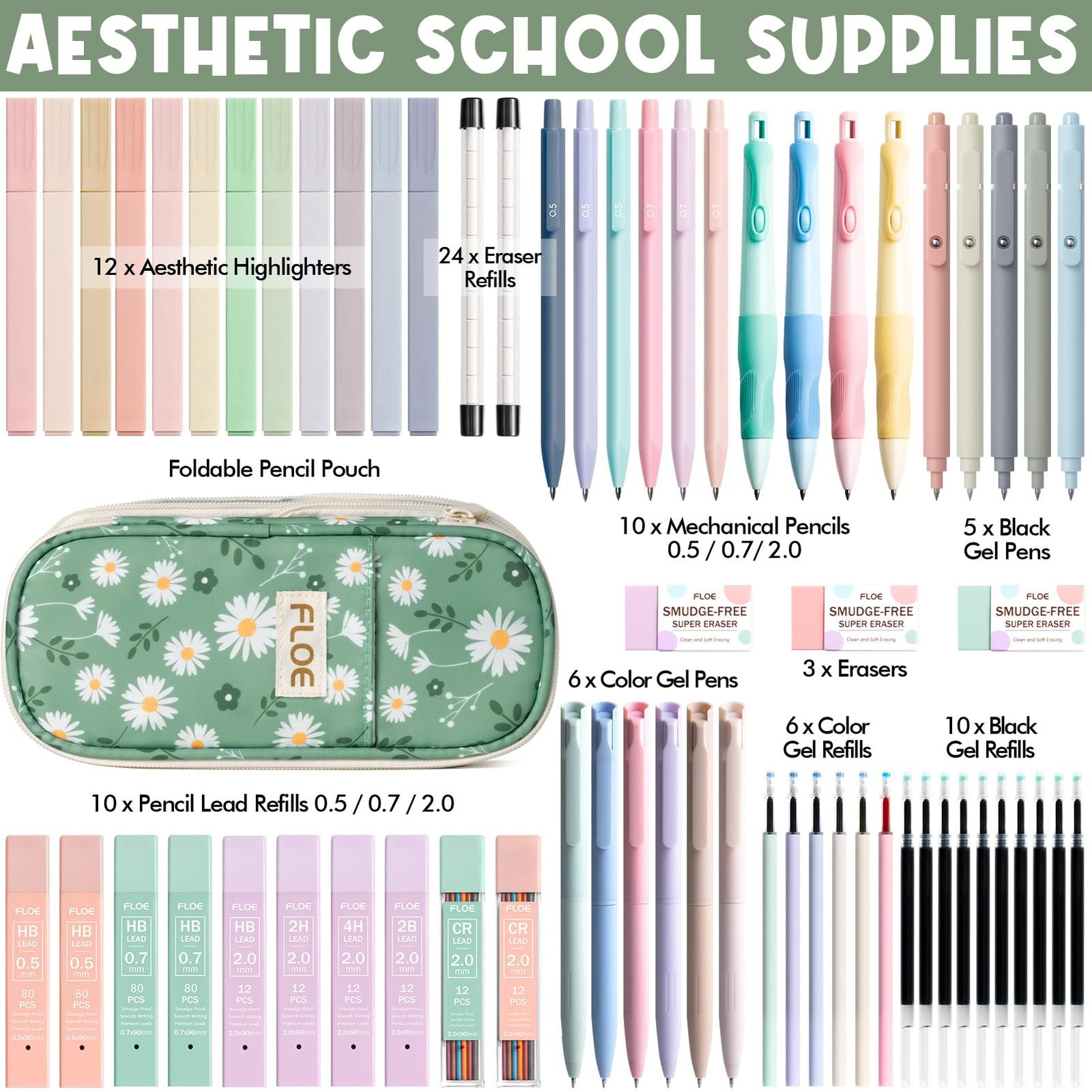 65 PCS Aesthetic School Supplies Pencil Case Highlighters 0.5/0.7/2.0 MM