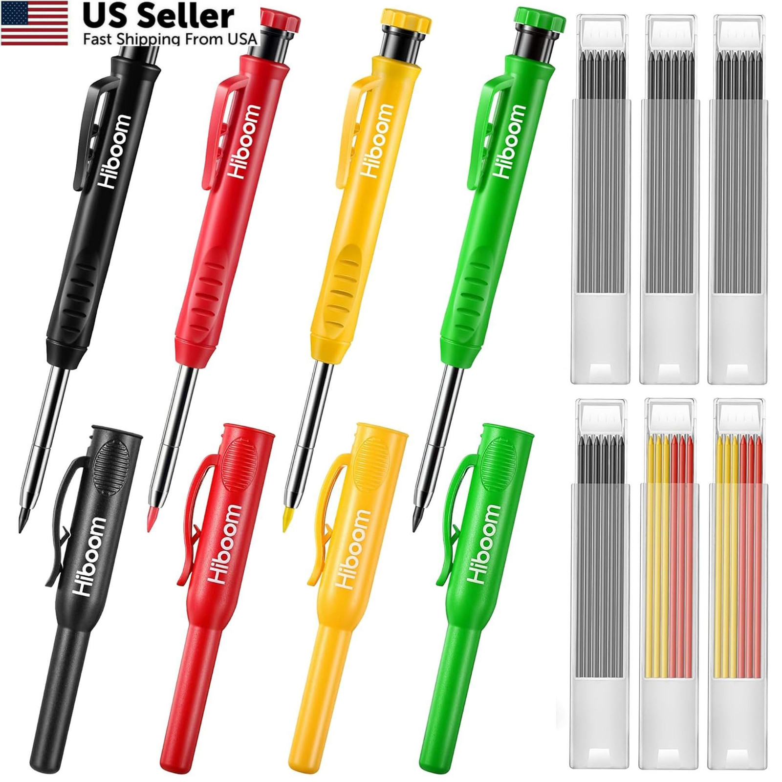 Hiboom 4 Pack Carpenter Pencils with 36 Refills (Red, Black, Multi Colors