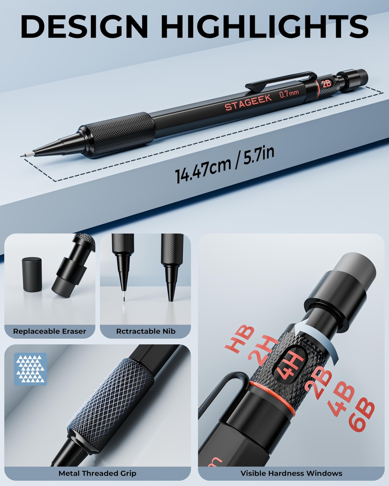 STAGEEK 0.7mm Mechanical Pencil Set, 3PCS Metal Pencils 0.7 MM