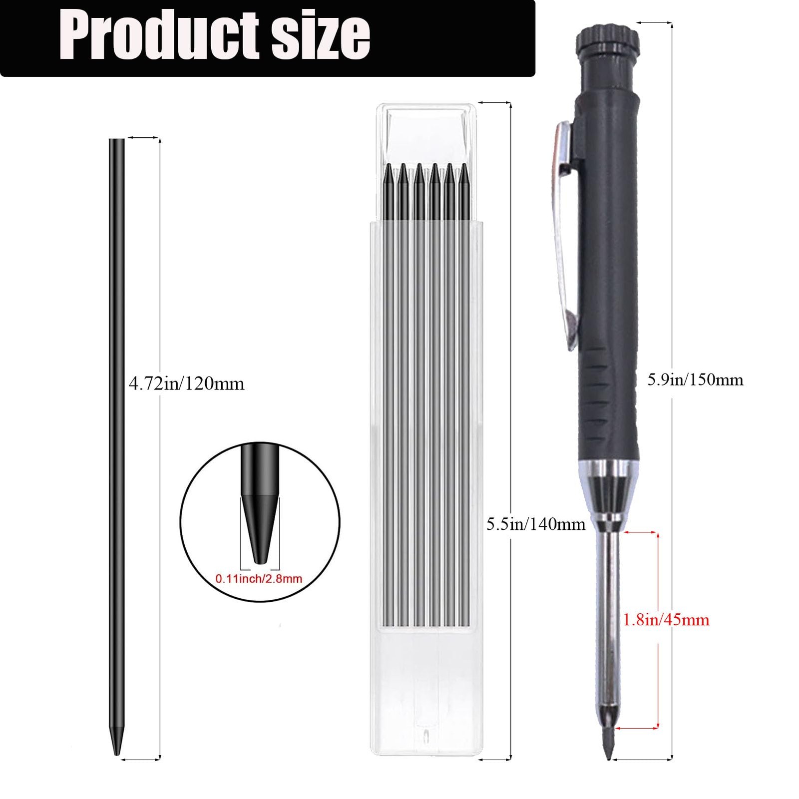 36 Pencil Refill with 1 Solid Carpenter-Pencil, 2.8mm Waterproof Lead Refills…