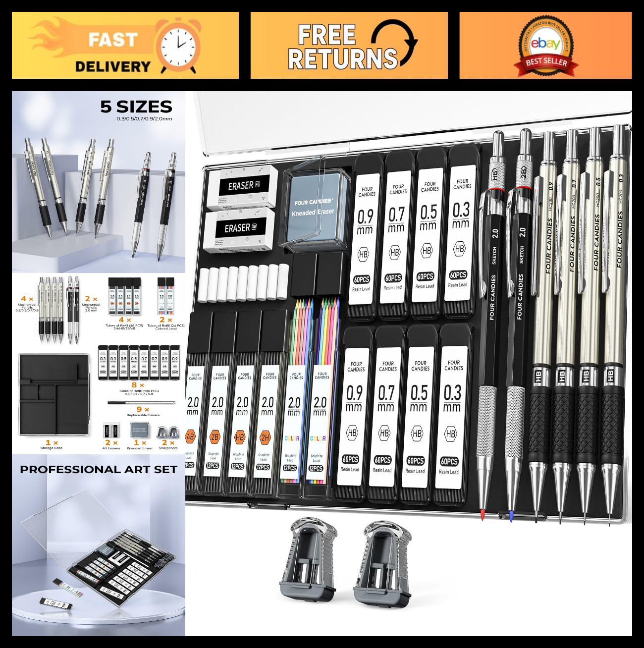 27PCS Mechanical Pencil Set with Case, 0.3-0.9mm Pencils & 552 Lead Refills, Art
