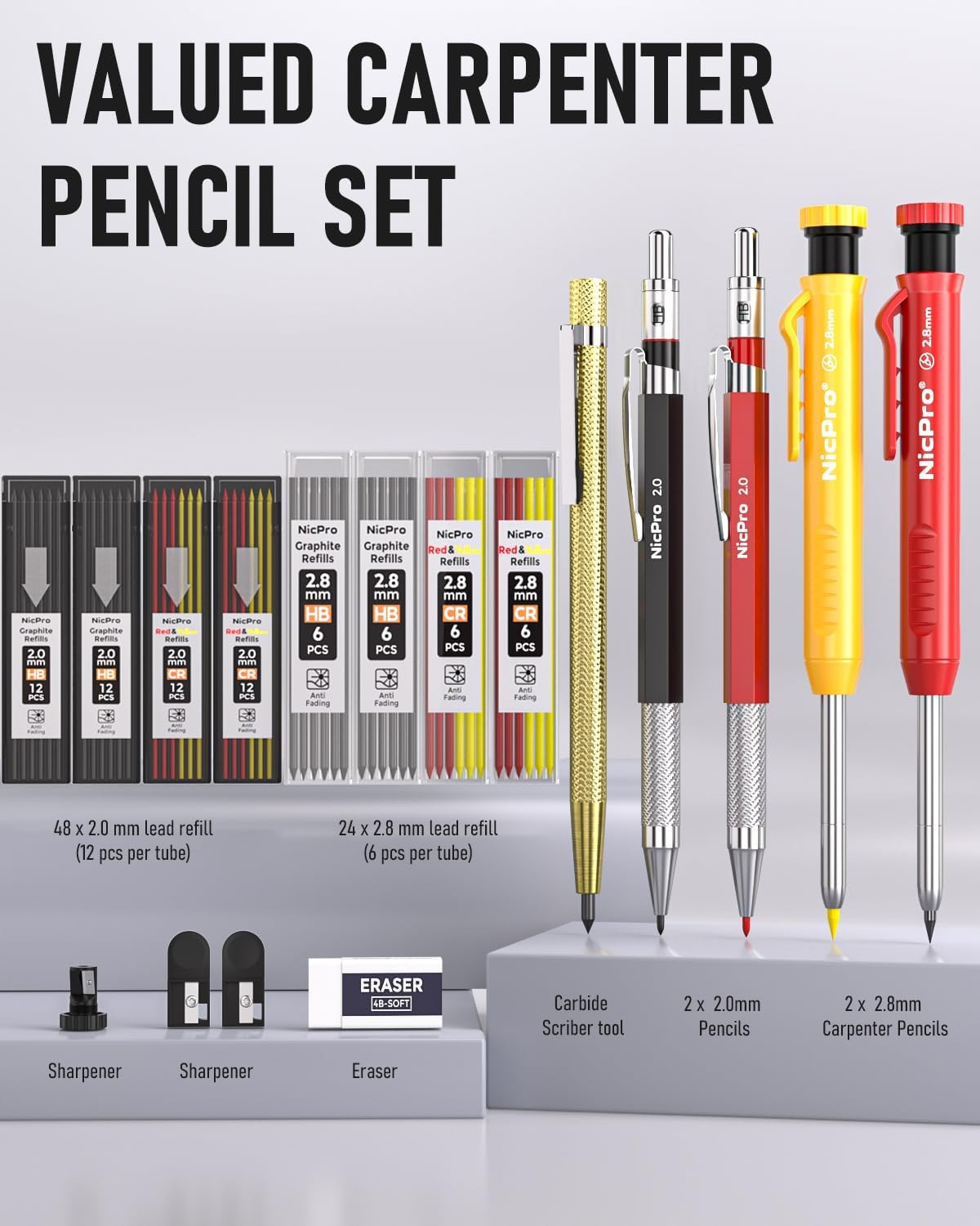 18Pc Carpenter Pencil Set with Sharpener, Refills & Scribe Tool Case New