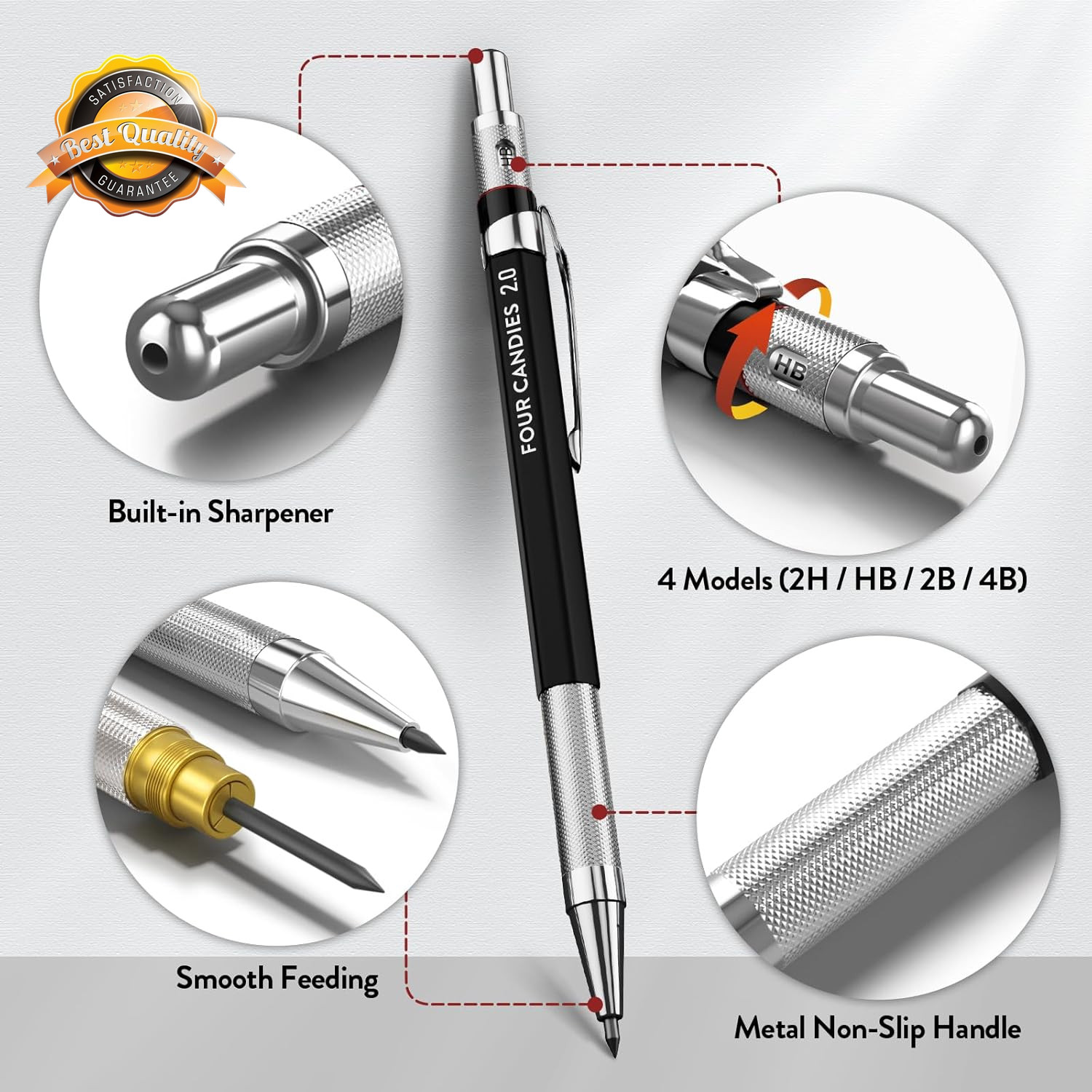2MM Mechanical Pencil Set Artist Metal Lead Holder 60 Refills Eraser 70