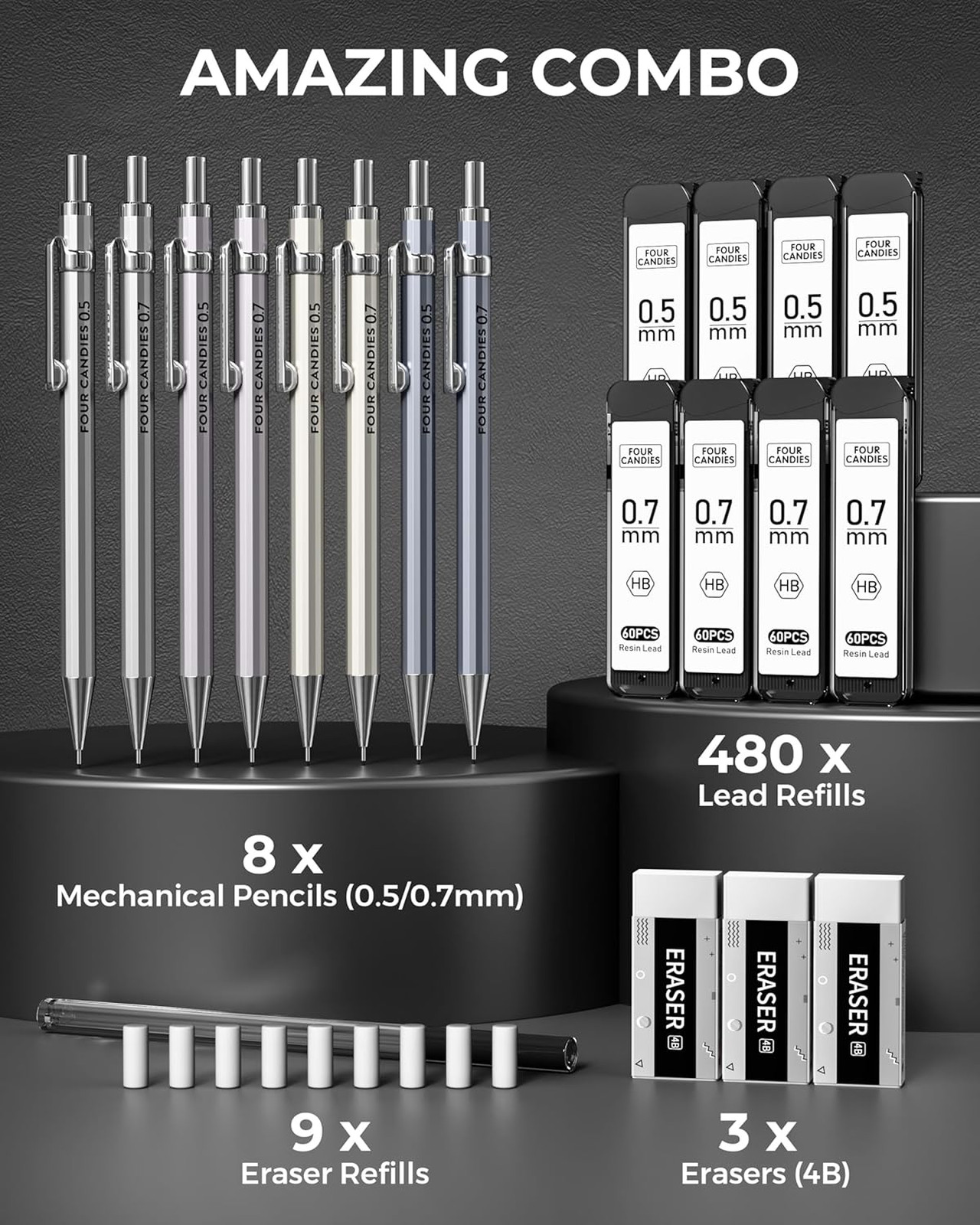 Mechanical Pencil Set 0.5mm 0.7mm Metal Lead Eraser Case for Drawing Art