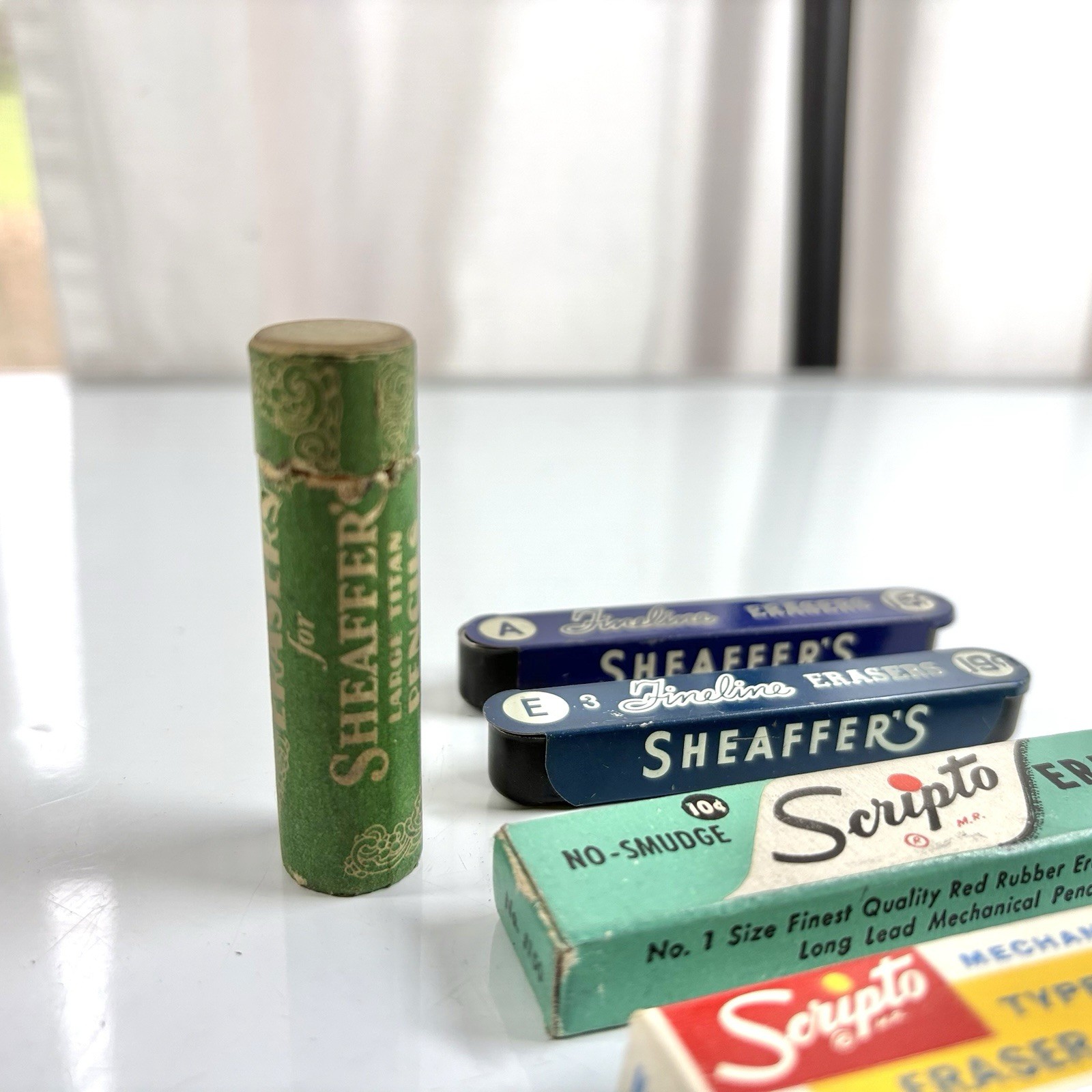 Vtg Scheaffer & Scripto Erasers Lot Mixed Variety Advertising Tins Wood Tube 5 p