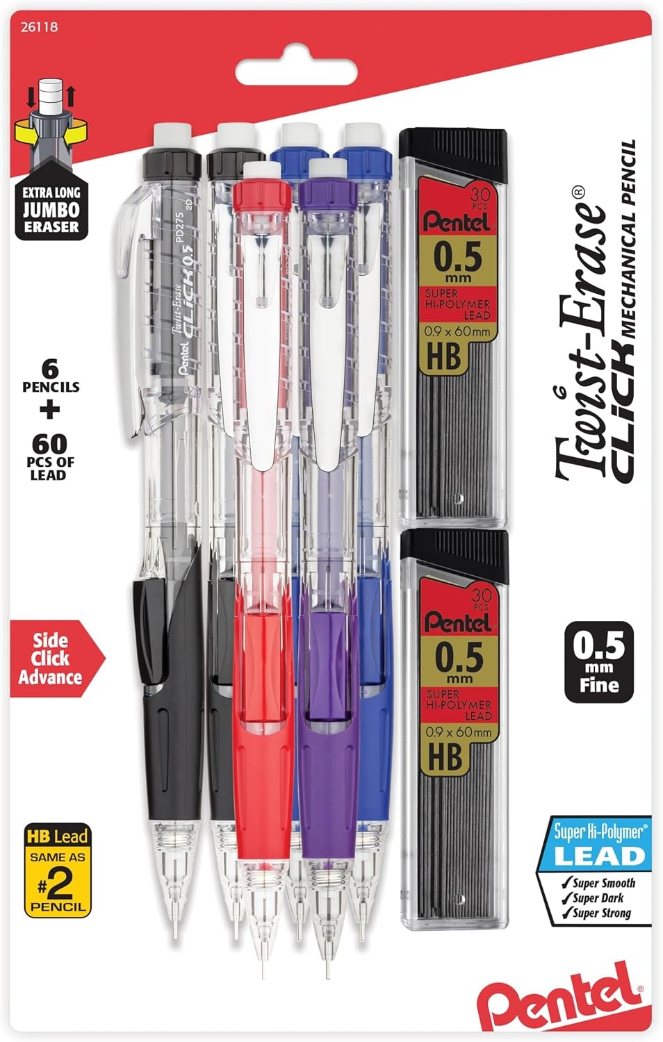 Twist-Erase Click Mechanical Pencil (0.5mm), Pack of 6 Pencisl with 2 Pack of