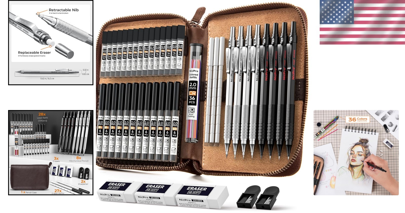 45PC Black & Silver Mechanical Pencil Set in Luxury Leather Case – Sketch wit…