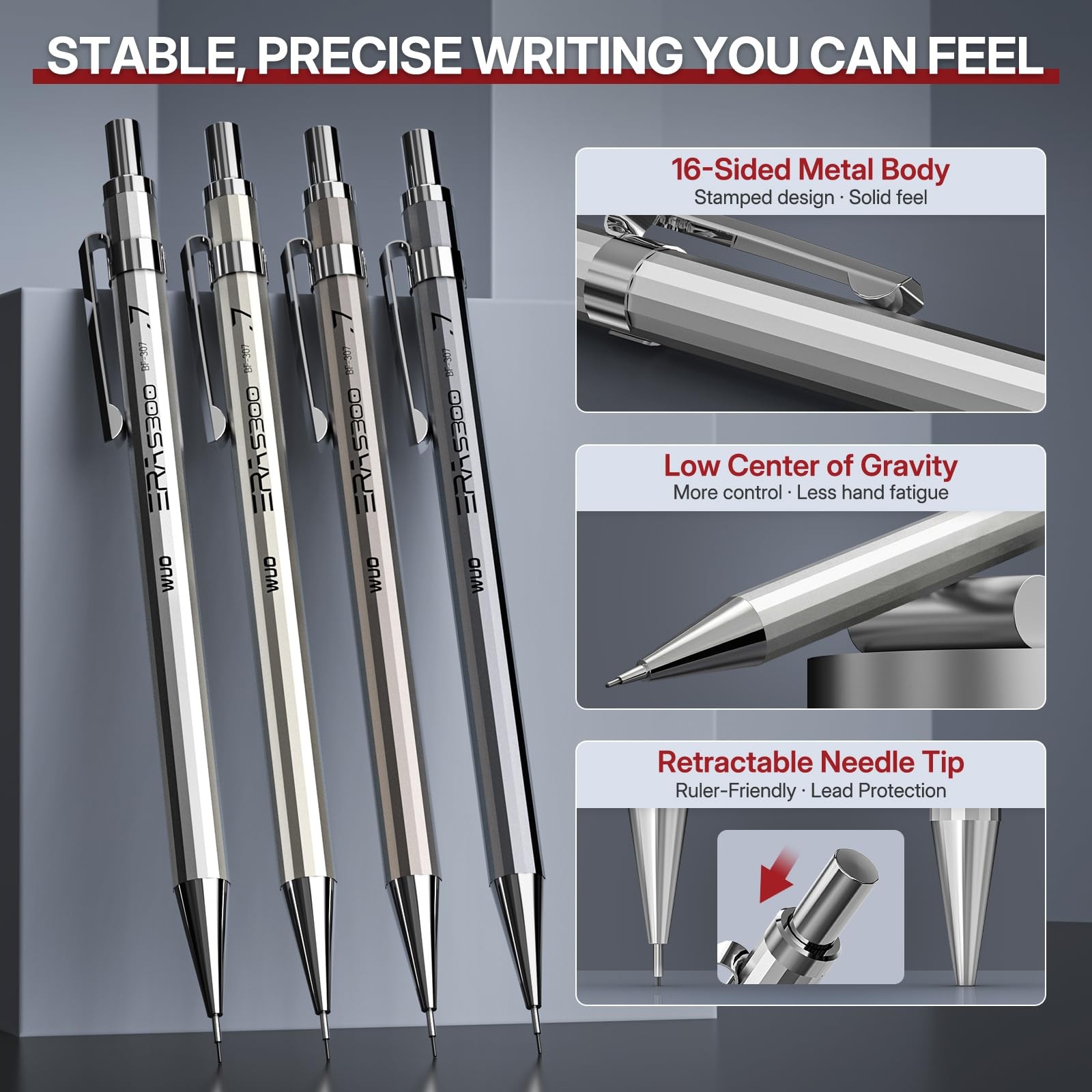 4 PCS 0.7mm Metal Mechanical Pencil Set with 480 HB Leads Erasers for Drawing