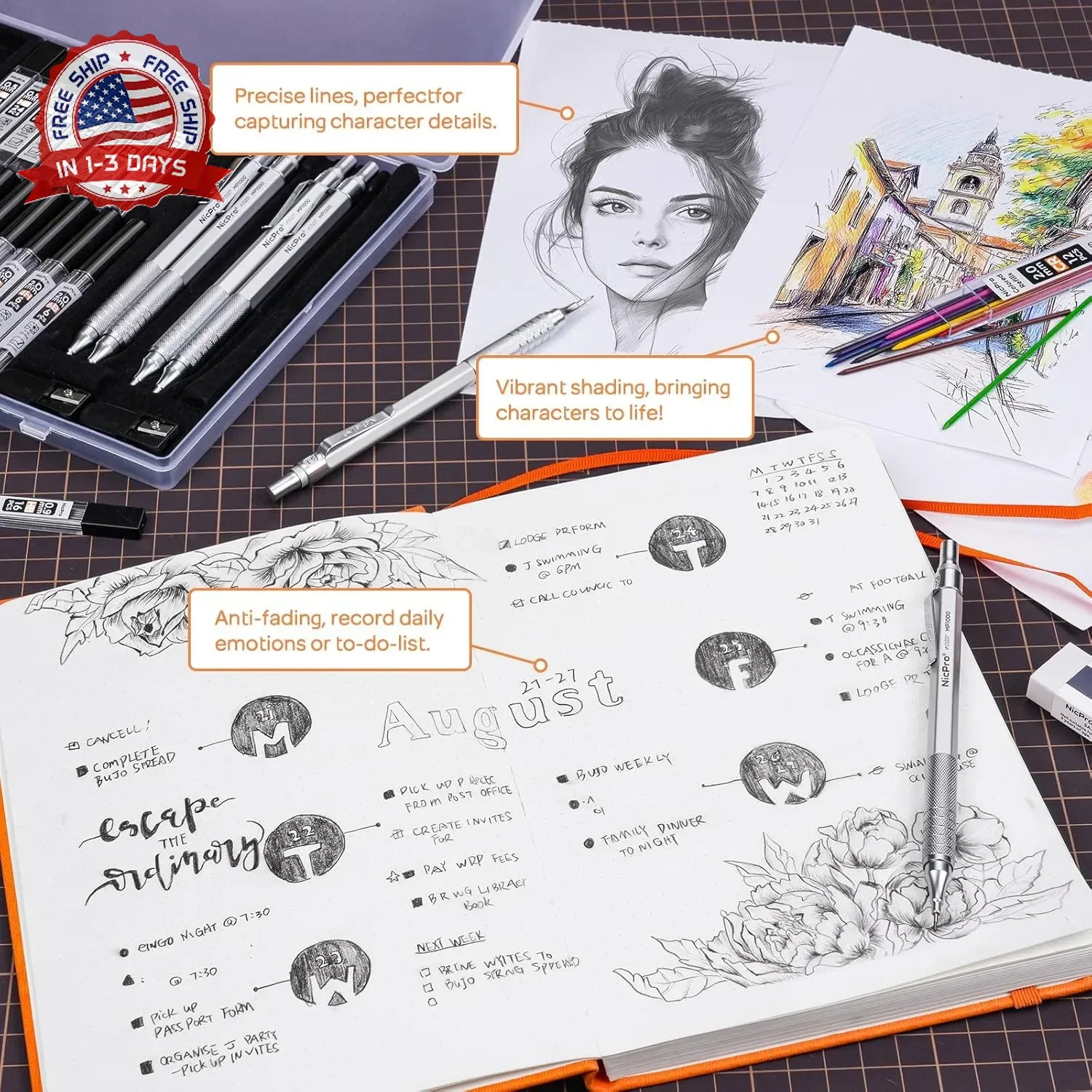 Nicpro 22PCS Metal Mechanical Pencil Set in Case, Art Drafting Pencil 0.5, 0.7,