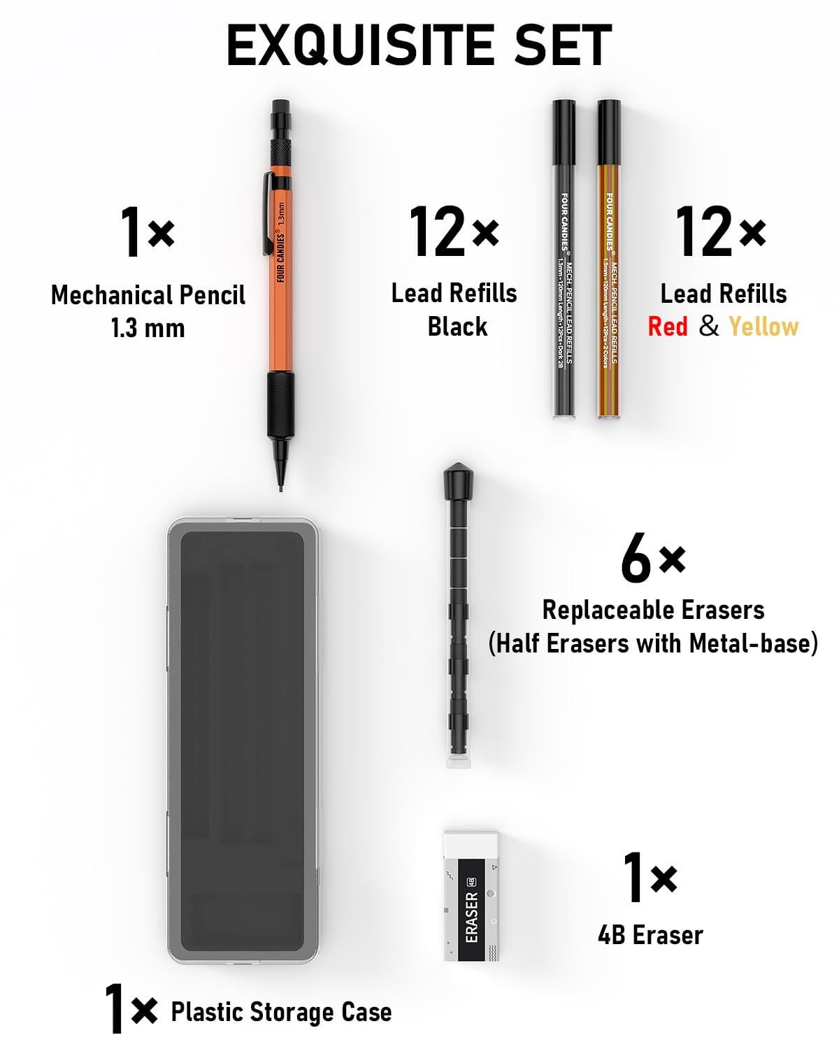 Four Candies 1.3mm Mechanical Pencil Set with 24 1-Pack, Black, Red, Yellow