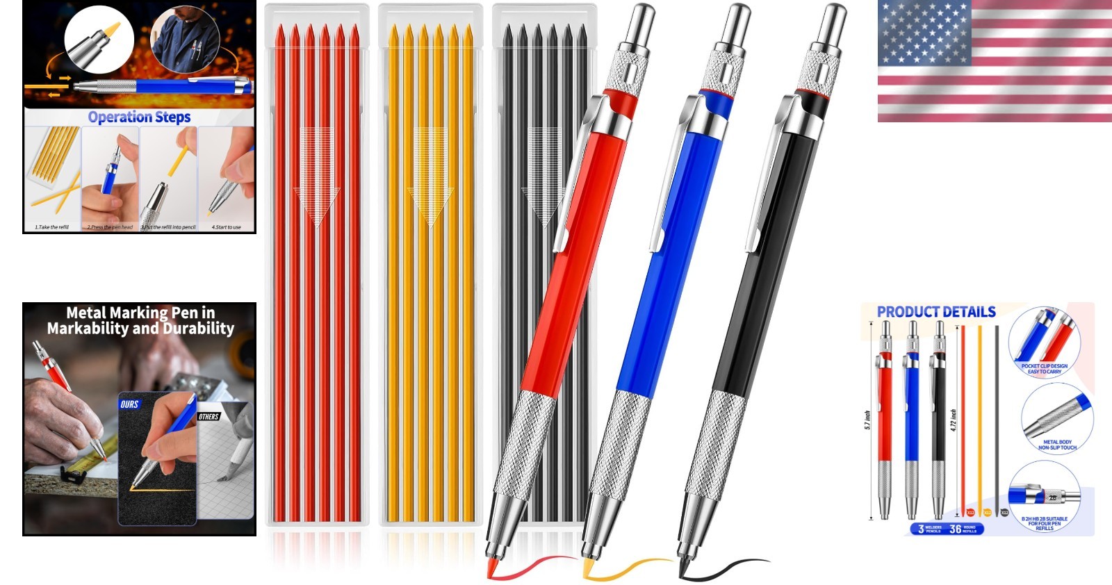 3 Pcs Welders Pencil with 36 Pcs Silver round Refills, Welders Pencil for Metal,