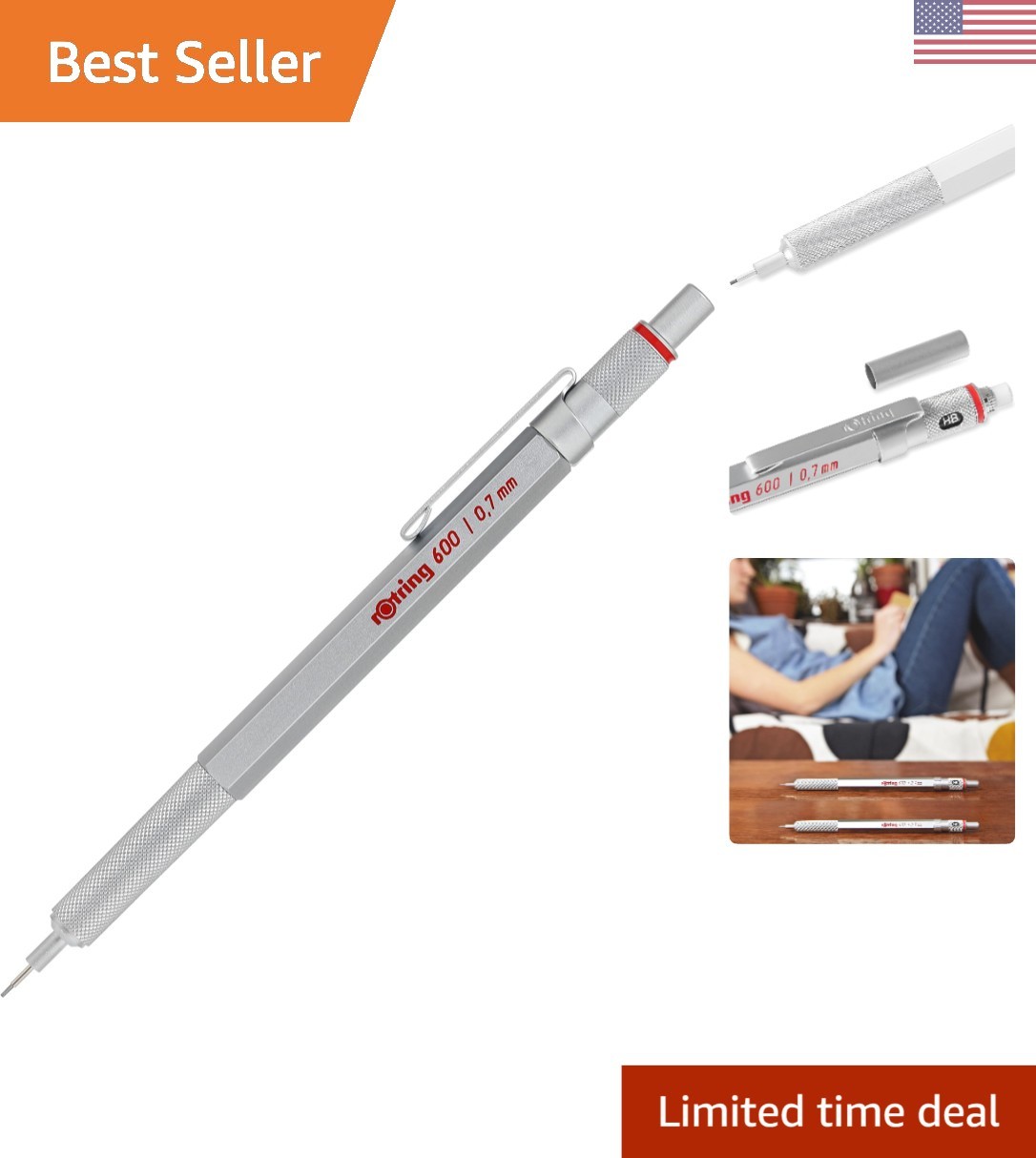 Elegant Silver 600 Mechanical Pencil 0.7mm with Built-in Eraser & Non-slip Grip