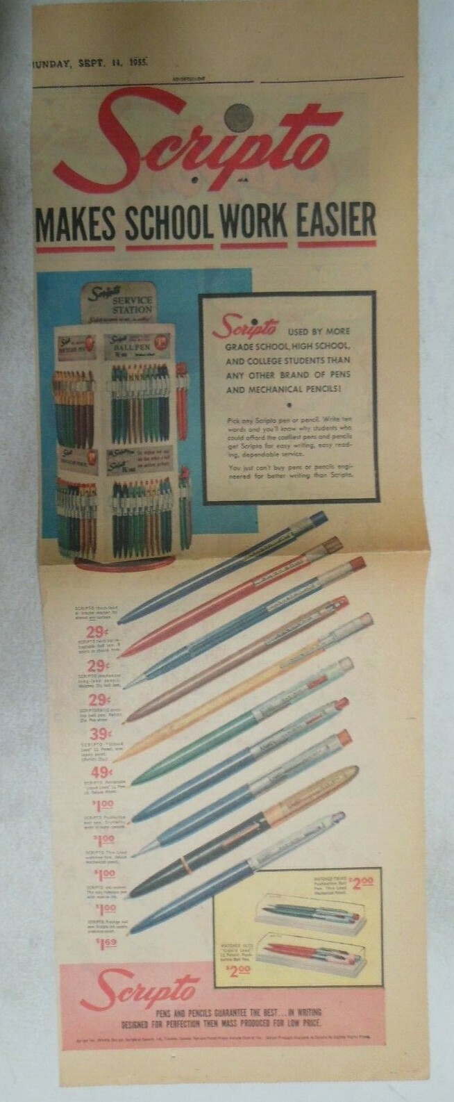Scripto Pens & Pencils Ad: Makes School Work Easier ! 1950’s 7.5 x 22 inches