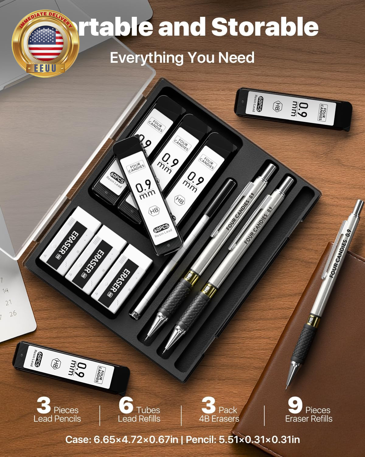 3PCS Metal Mechanical Pencil Set with 0.9Mm Bold Point, 360 Leads, 12 Erasers, A