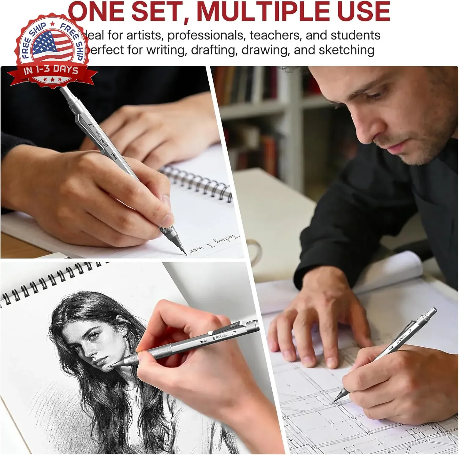 WUO 0.7mm Mechanical Pencil Set,3PCS Metal Pencils with 8 Tubes (480PCS) HB Lead