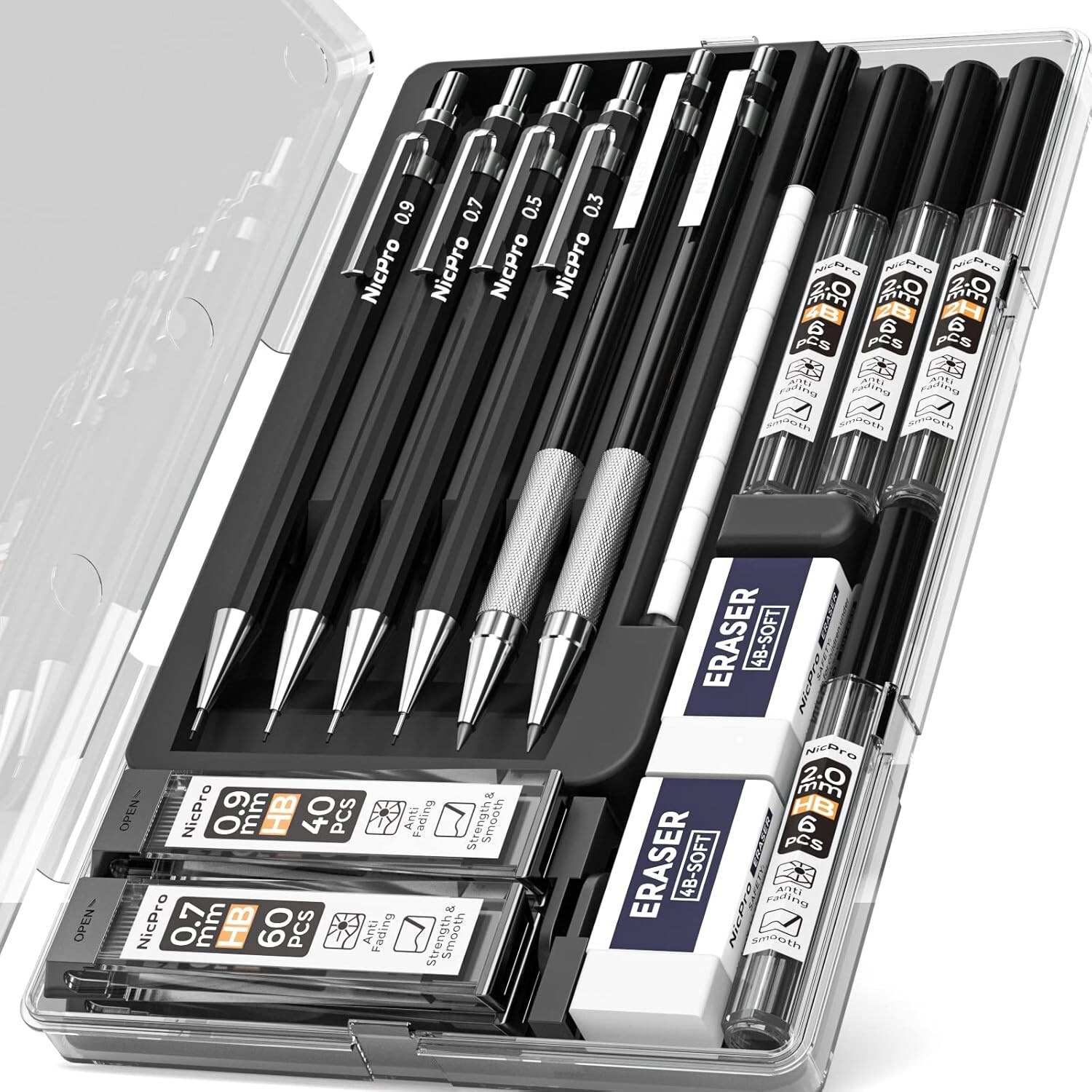 Premium Black Metal Mechanical Pencils Set – 5 Fine Tips for All Creative Needs