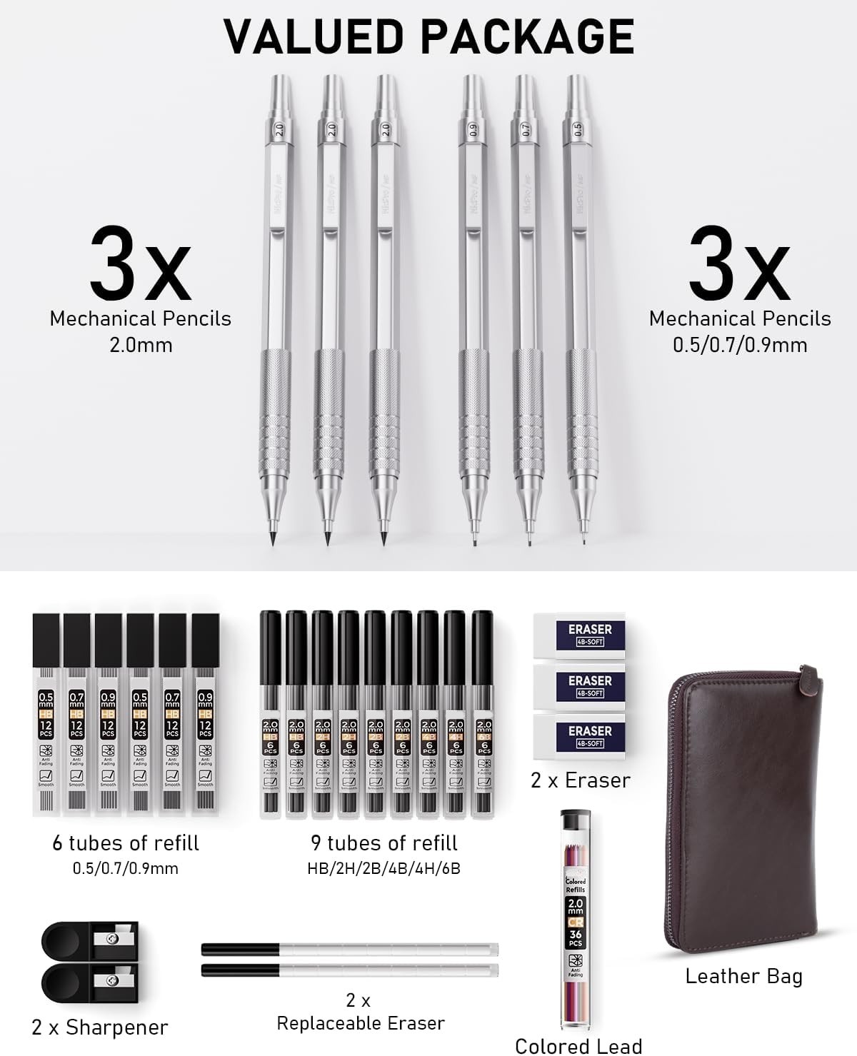 Set 30 PCS Lapices Mecanicos Metalicos Con Estuche Minas Para Dibujo Y Escritura